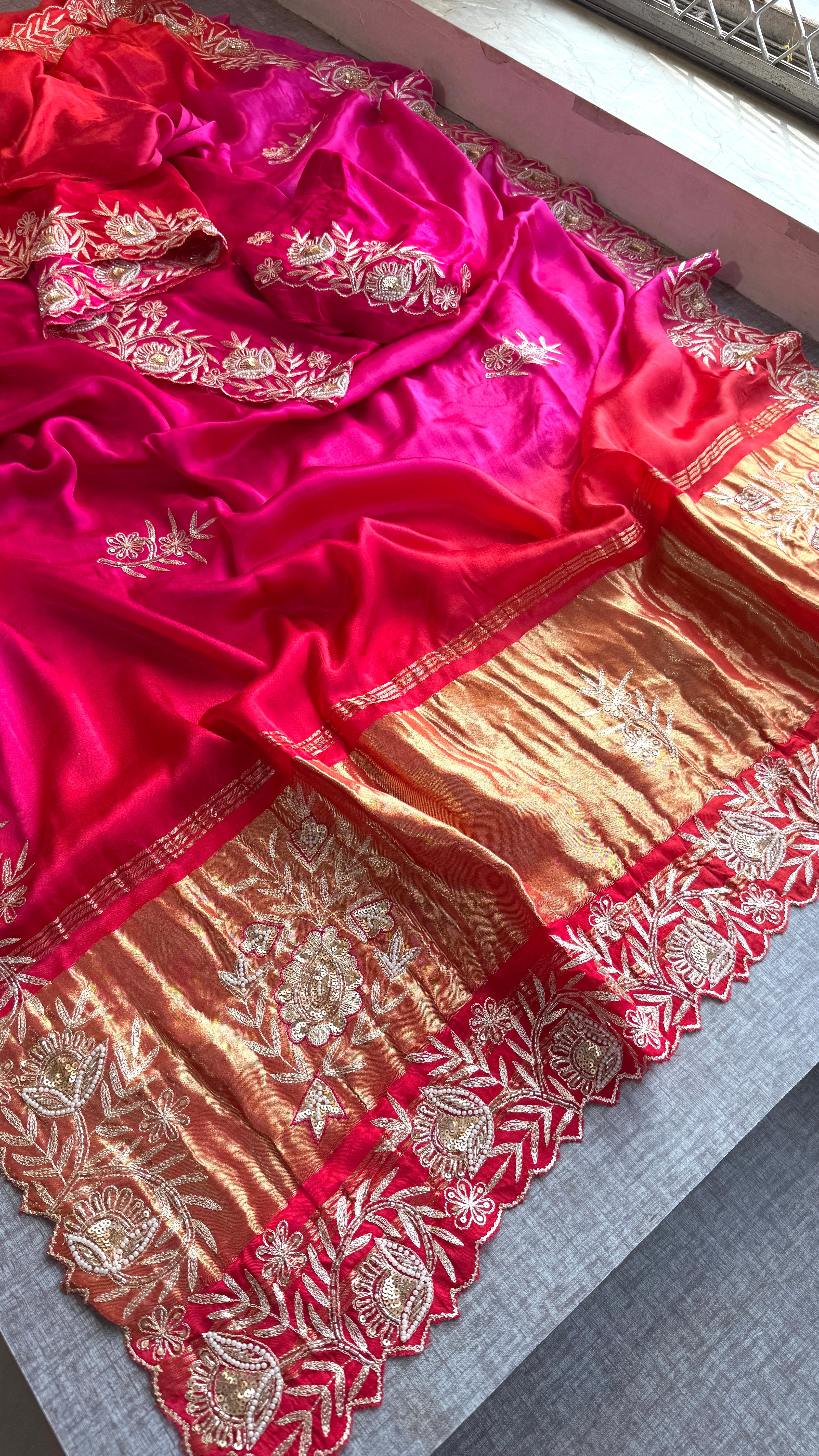 Handcrafted Gajji Silk Aari Work Saree in Red and Rani Tone