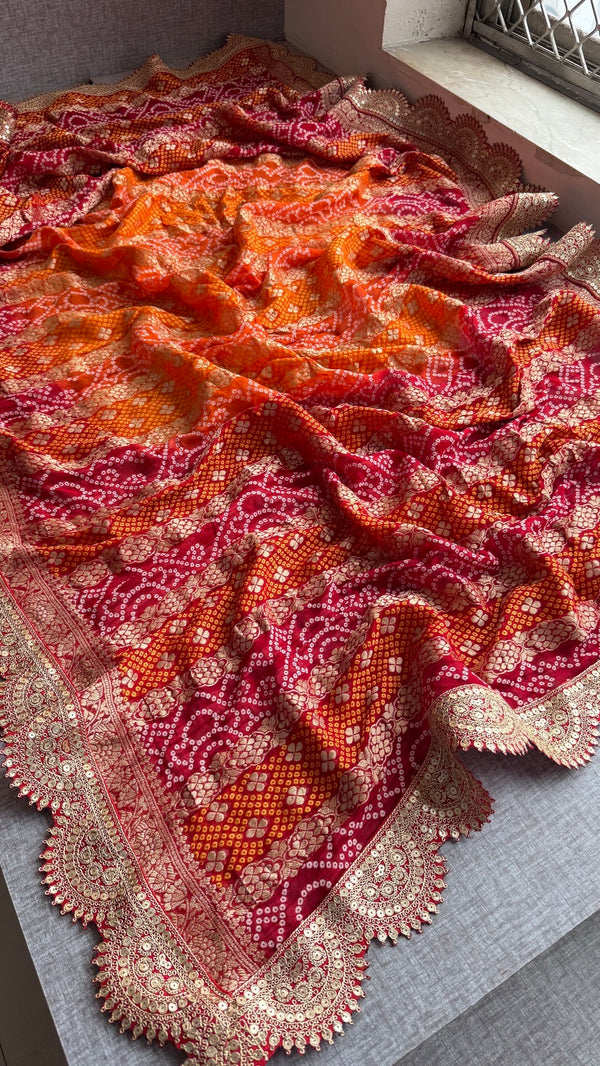 Handloom Khaddi Georgette Bandhej Dupatta with Banarasi Weaving and Scallop Border