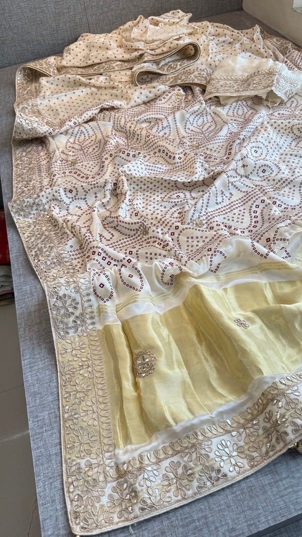 Soft Gajji Silk Lakdi Patta Bandhani Saree with Gotapatti, Zardozi & Pearl Work
