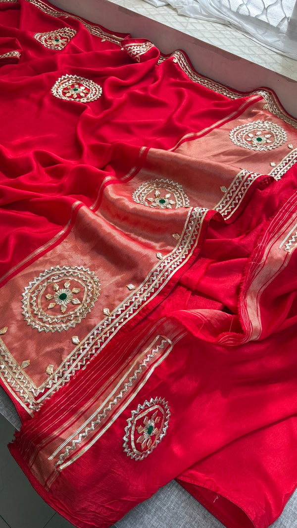 Sunshine Pure Munga Silk Rajwadi Pattern Rajasthani Jaipuri Saree with Sikhiya Gota Patti Work