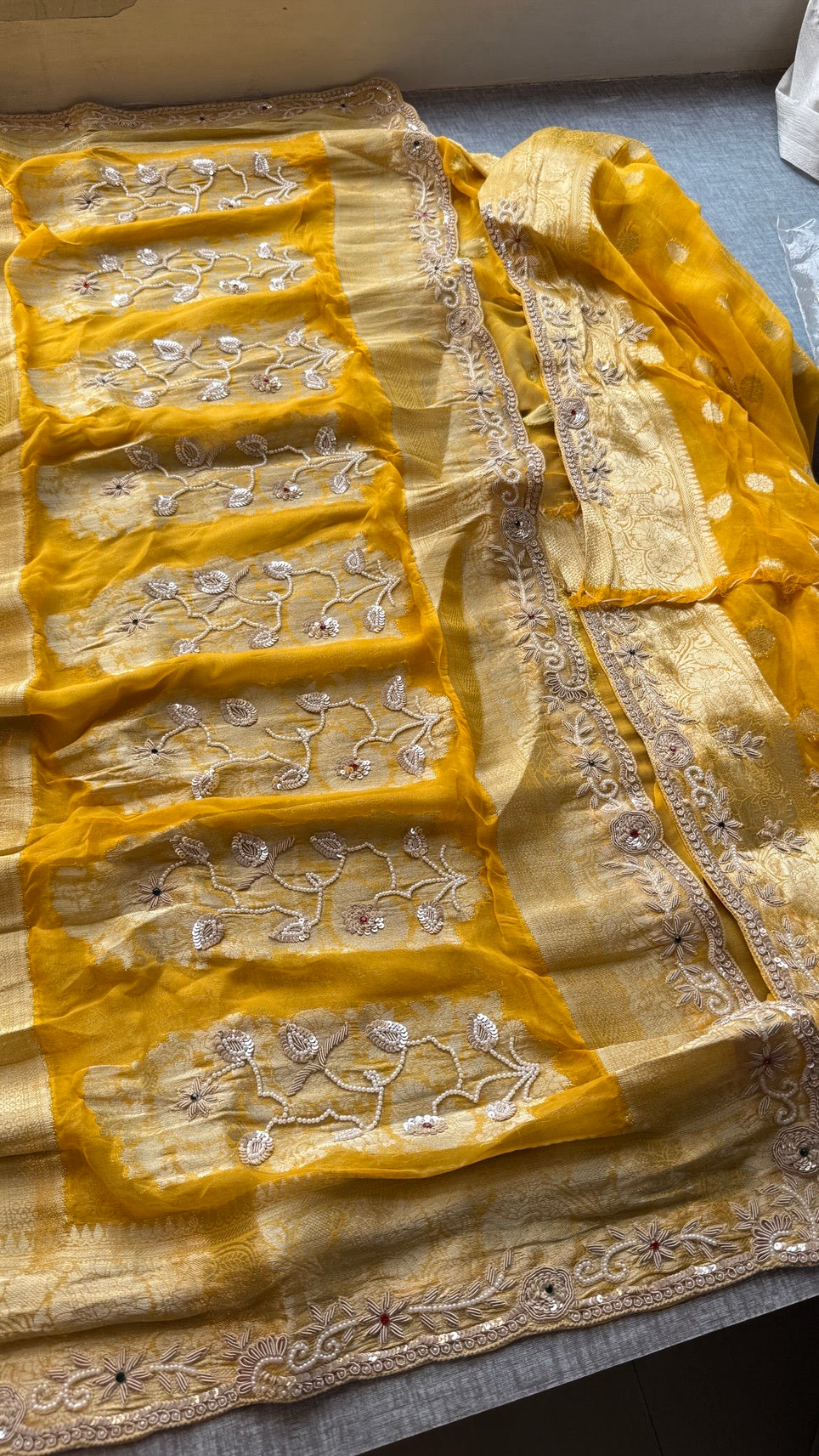 Wedding Wear Banarasi Khaddi Georgette Saree with Pearl Sequin Gotapatti Work