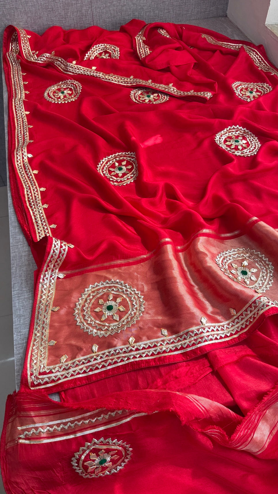 Sunshine Pure Munga Silk Rajwadi Pattern Rajasthani Jaipuri Saree with Sikhiya Gota Patti Work