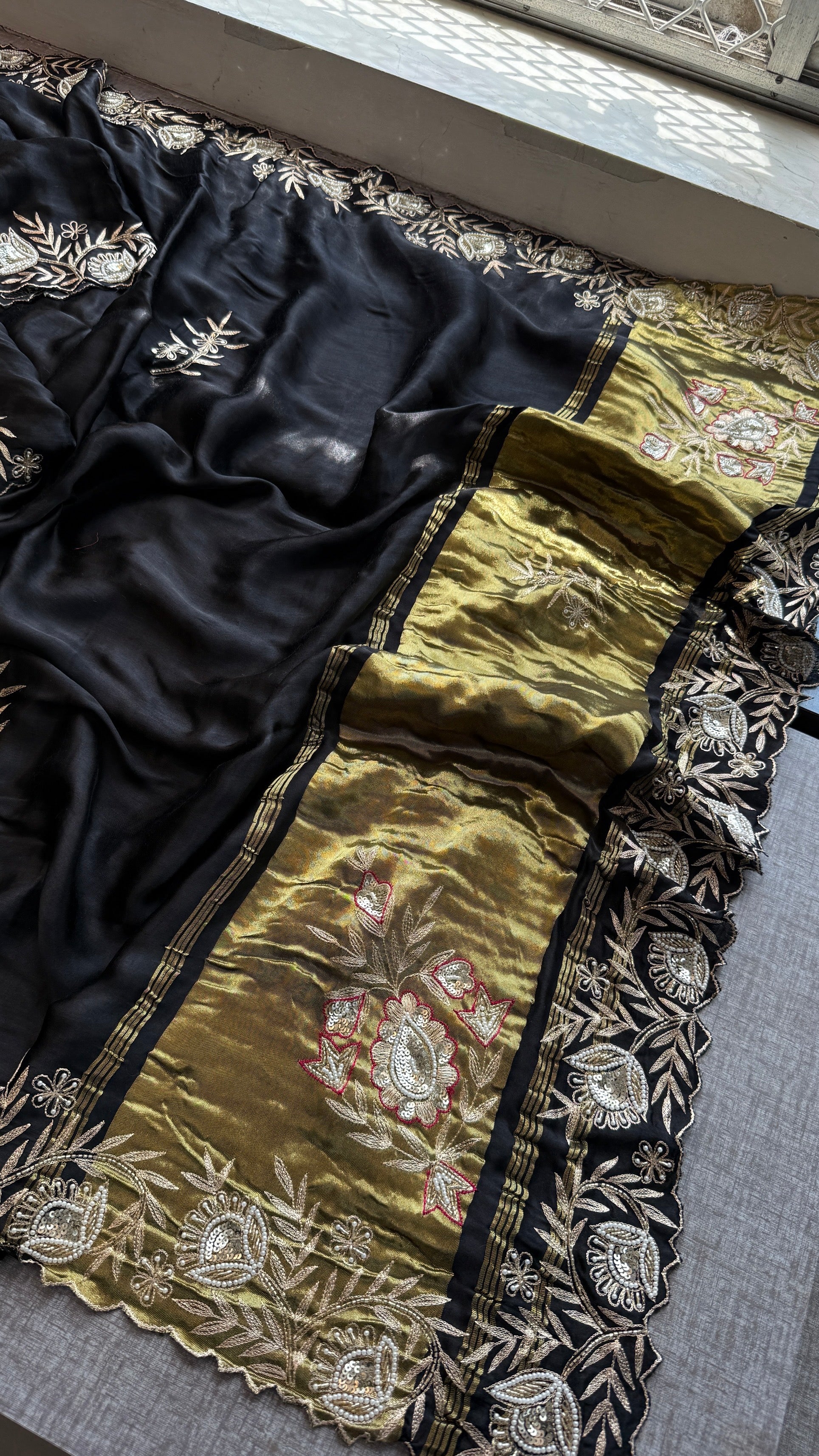 Designer Black Pure Gajji Silk Saree with Aari, Cutdana, and Gota Patti Handwork with Blouse