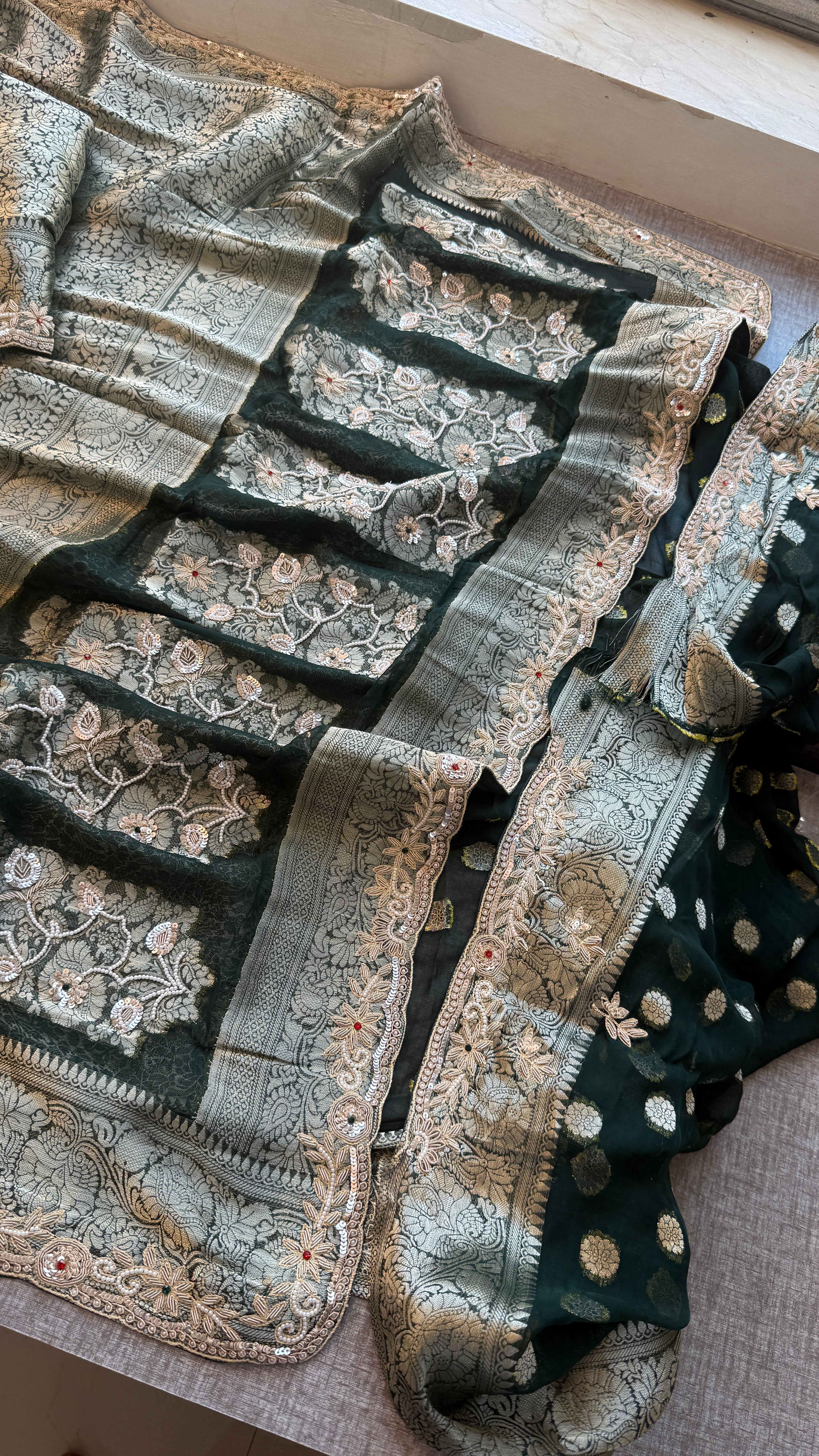 Pure Khaddi Georgette saree Adorned With Zardozi, Sequins , Pearl and Stone