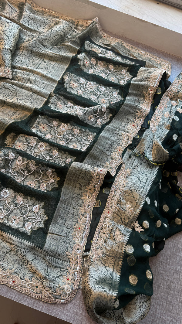 Pure Khaddi Georgette saree Adorned With Zardozi, Sequins , Pearl and Stone