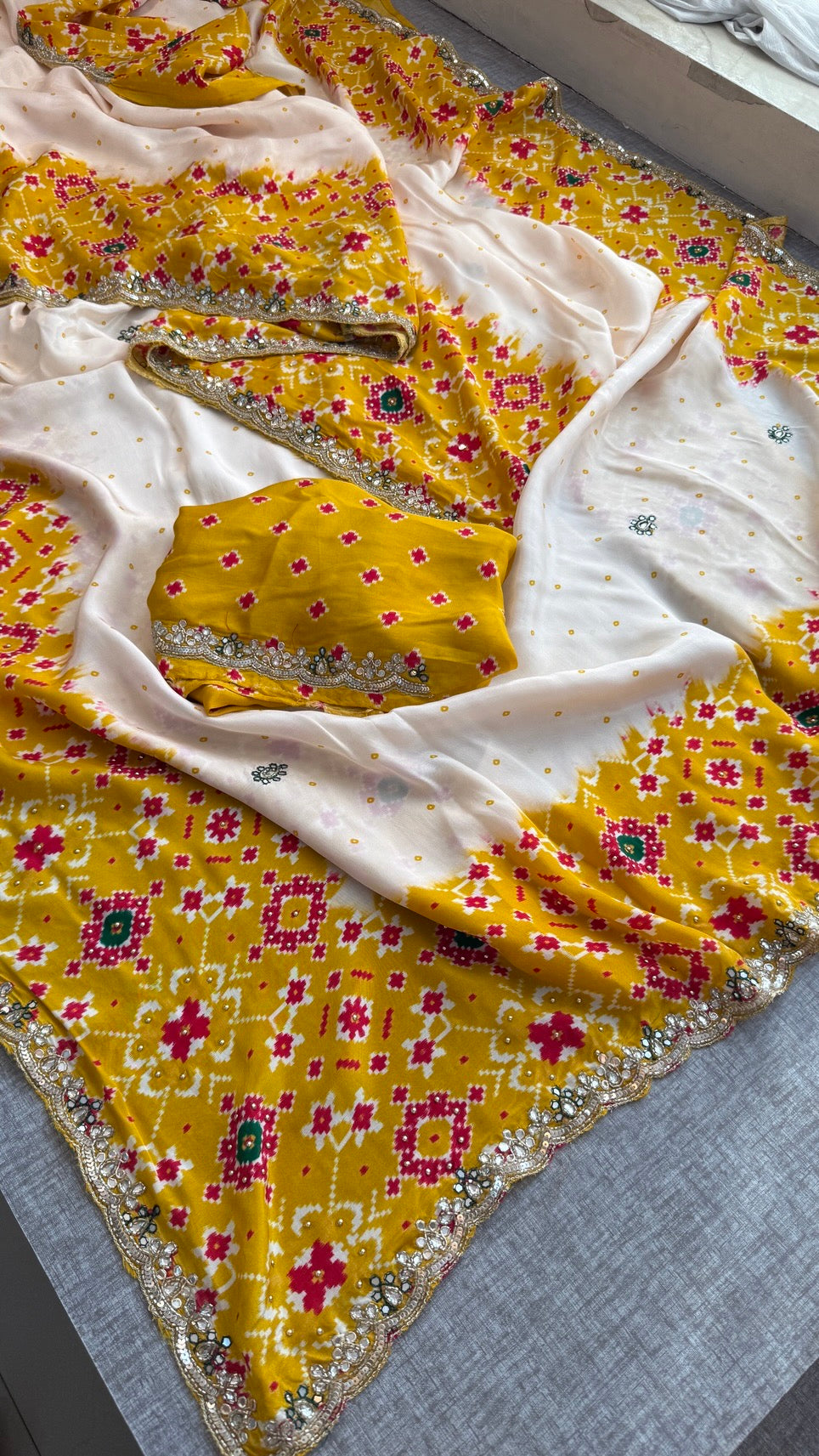 Soft Munga Silk Digital Print Saree with Zardozi, Kutdana, Pearl, Sequins & Stone Work with Designer Blouse