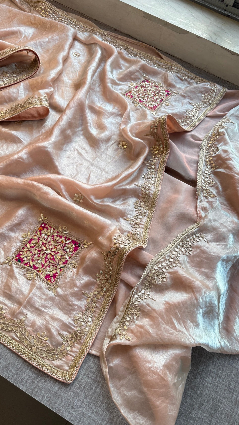Pure Soft Crepe Silk Saree with Gota Patti, Zardozi, Pearl & Kutdana Handwork