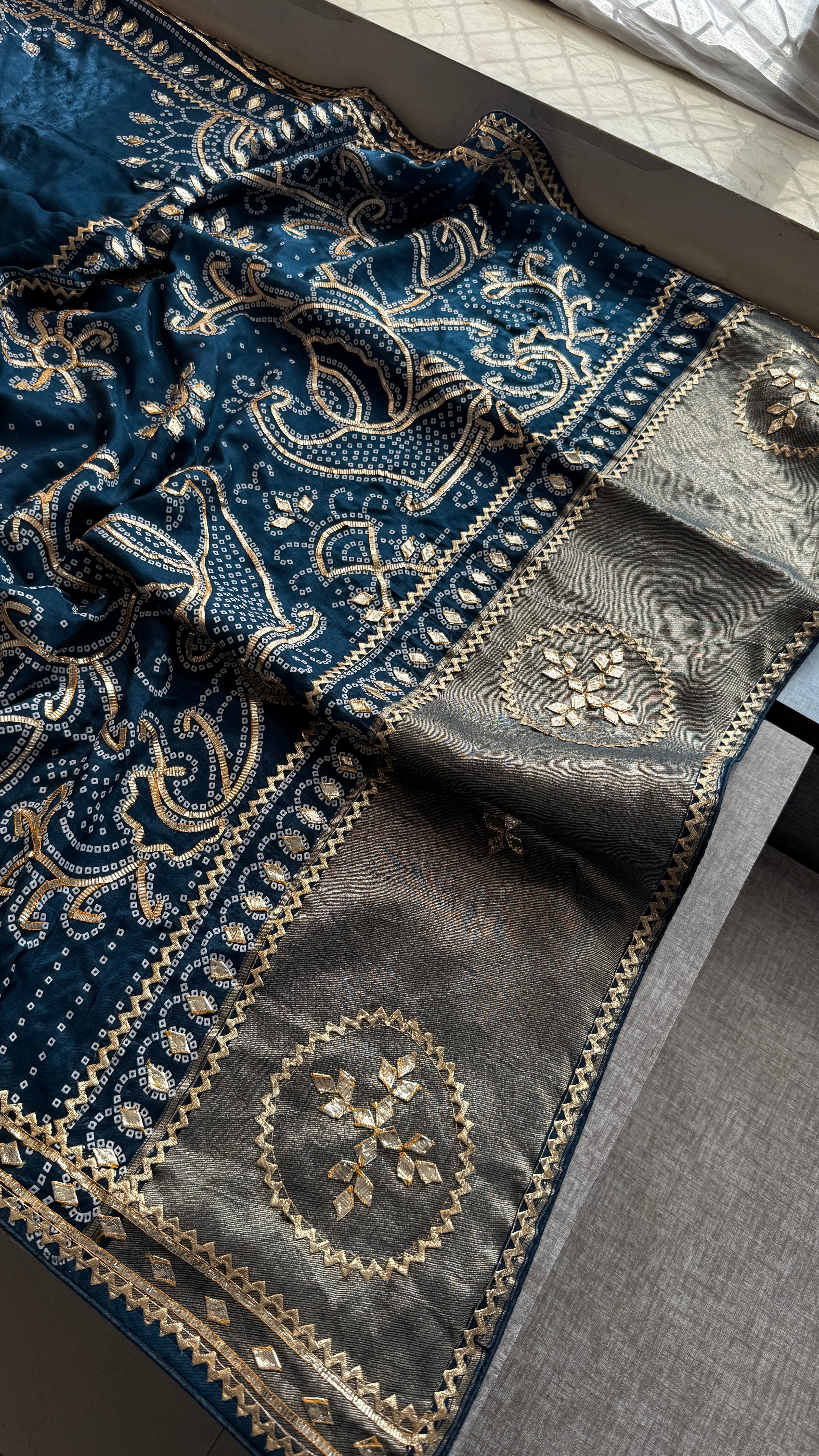 Lakdi Patta saree with sikhiya gotapatti peacock pattern