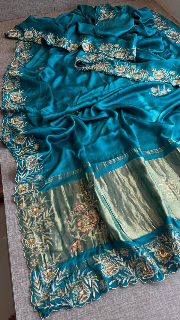 Designer Teal Blue Pure Gajji Silk Saree with Aari, Cutdana, and Gota Patti Handwork with Blouse