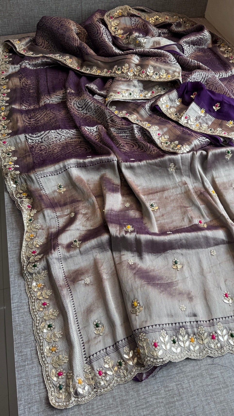 Royal Khaddi Georgette Banarasi Zari Weaving Saree with Gotapatti & Jewellery Stone Embellishment