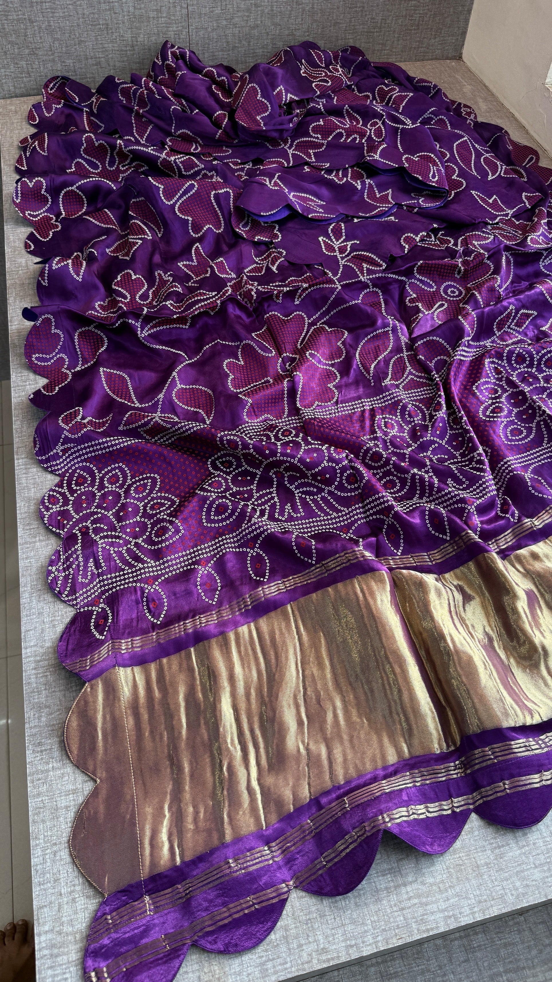 Pure Gajji Silk Bandhej Print Saree with Scallop Border – Orange Designer Bandhani Silk Saree