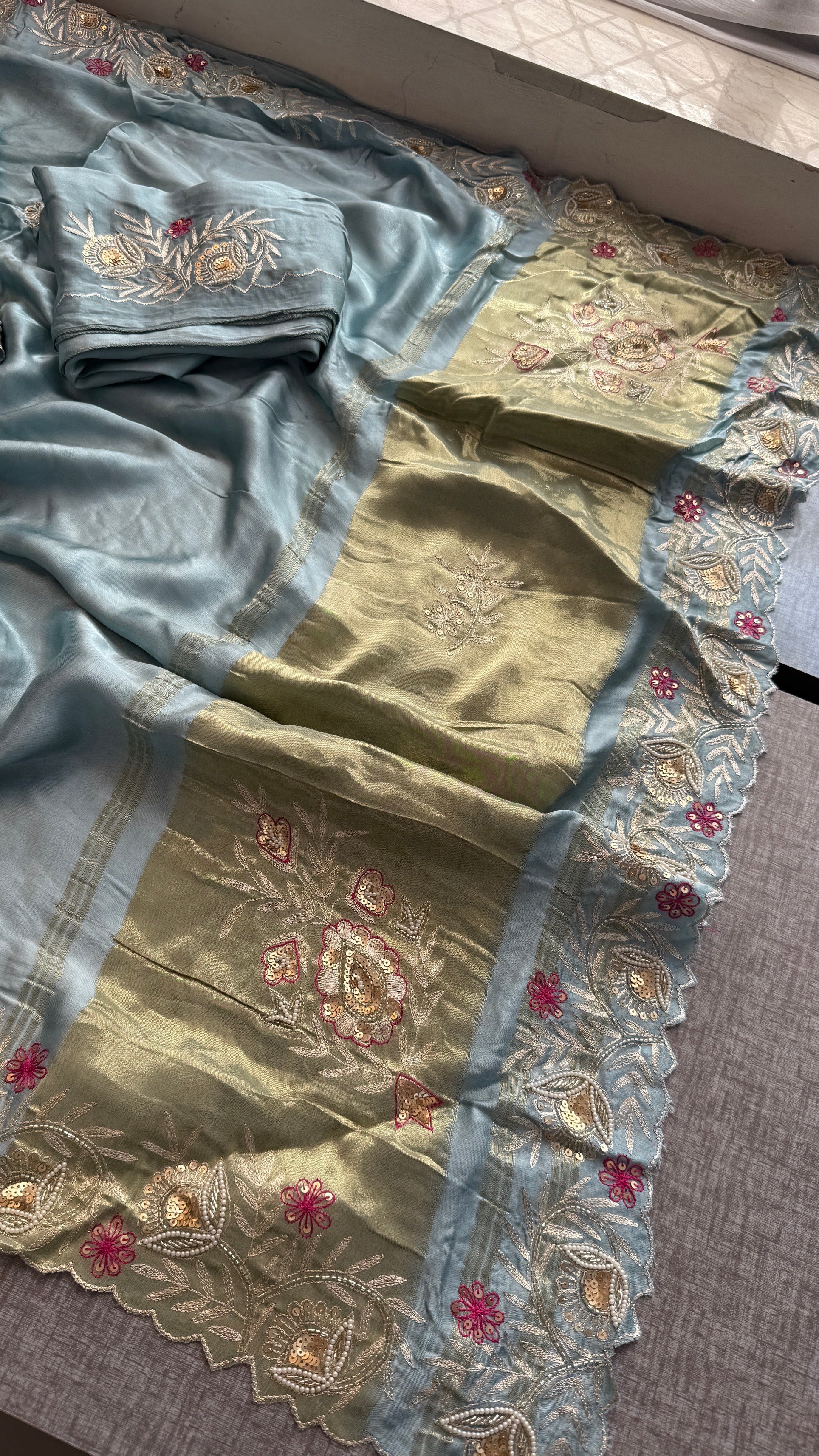 Designer Pure Gajji Silk Saree with Aari, Cutdana, and Gota Patti Handwork with Blouse