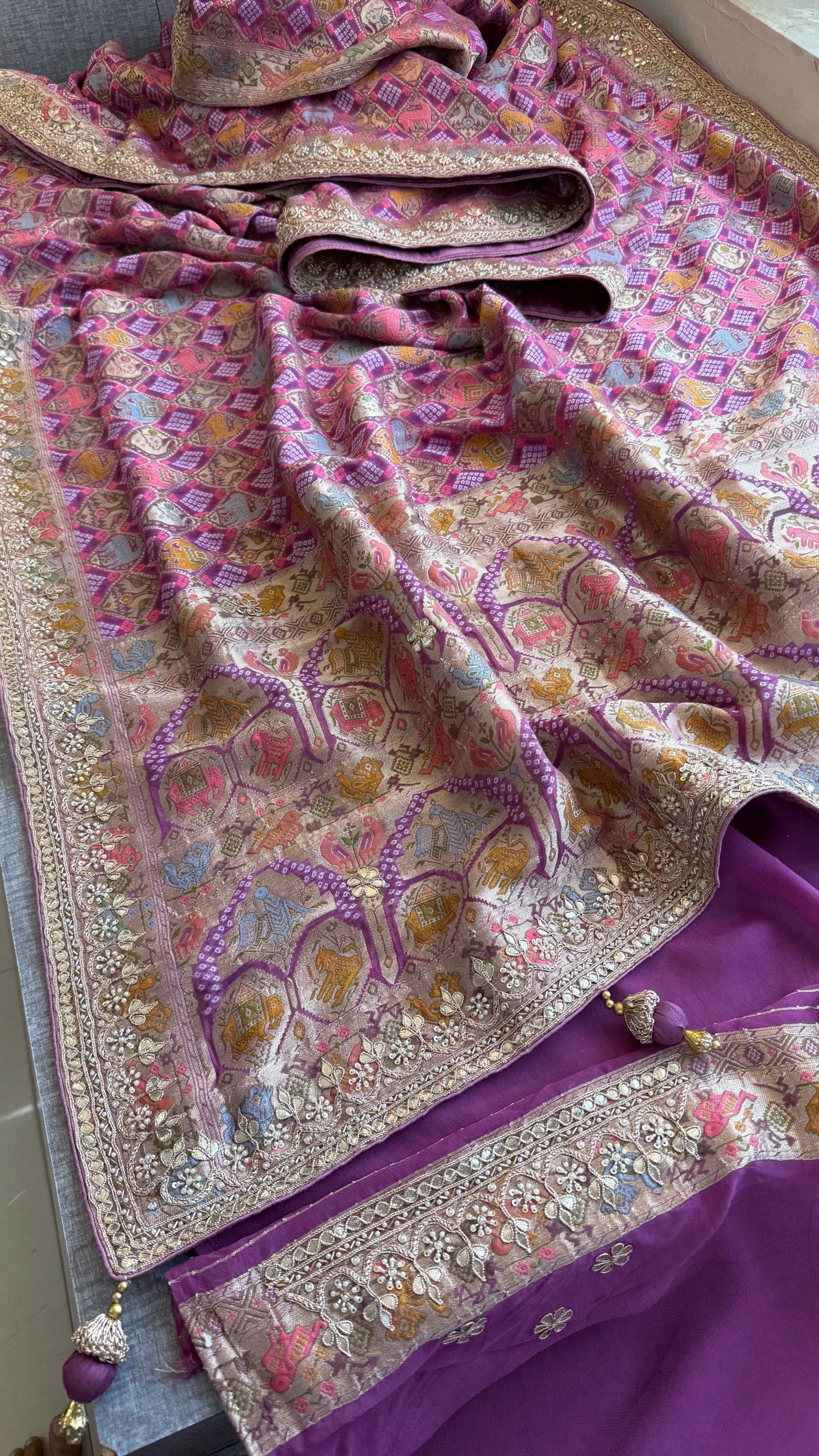 Khaddi georgette Banarasi weaving Saree with gotapatti work and tussles over pallu