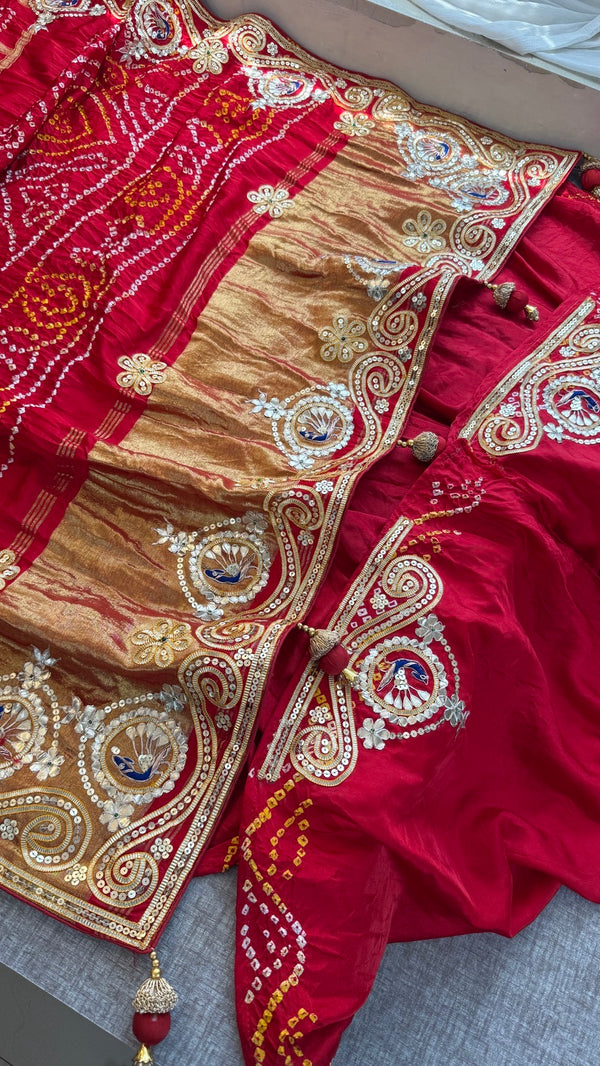 Pure Gajji Silk Lakdi Patta Bandhani Saree with Gota Patti, Zardozi & Peacock Handwork
