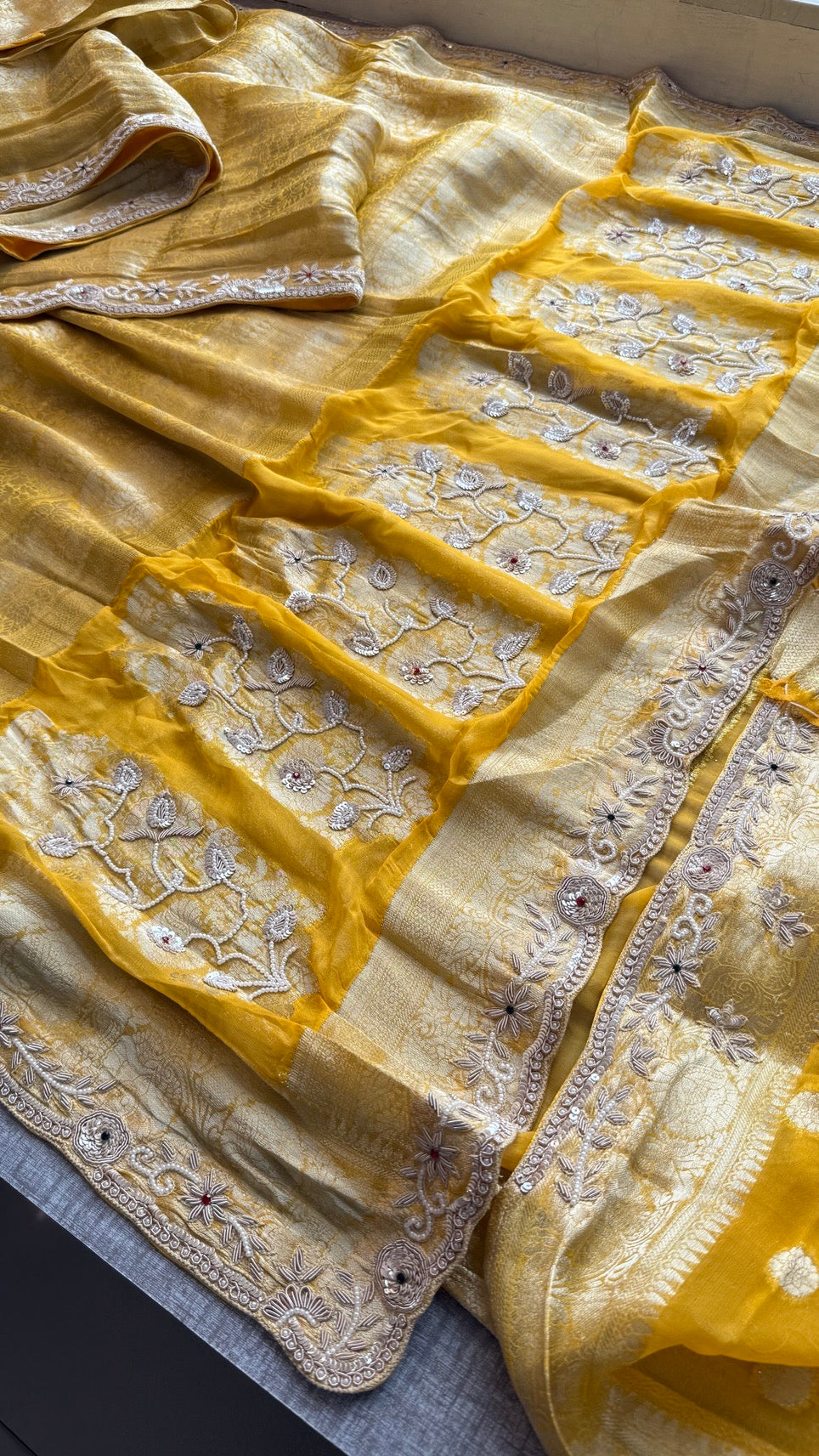 Wedding Wear Banarasi Khaddi Georgette Saree with Pearl Sequin Gotapatti Work