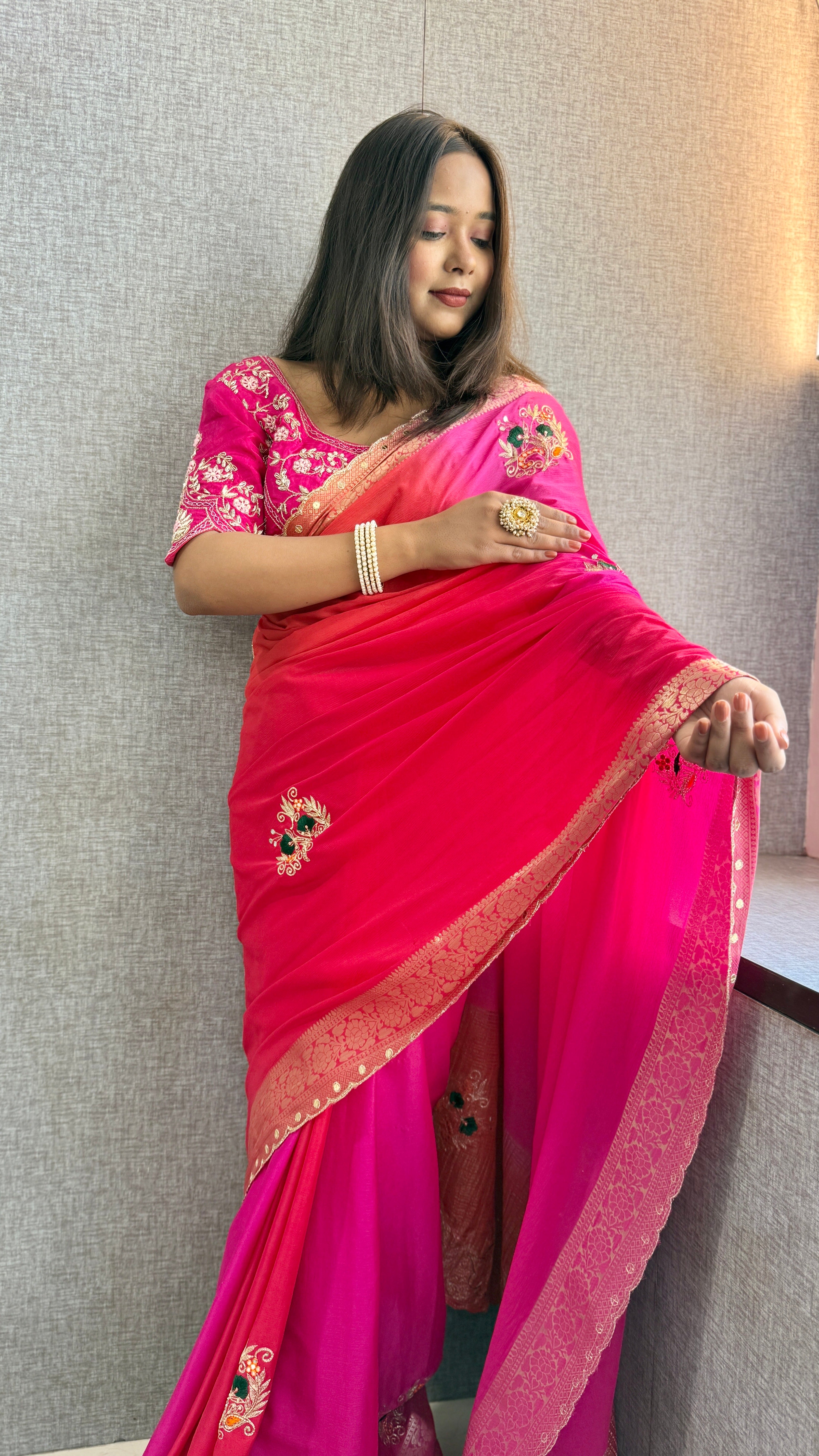 Pure Chinon Silk Saree with Thread Embroidery & Banarasi Zari Border