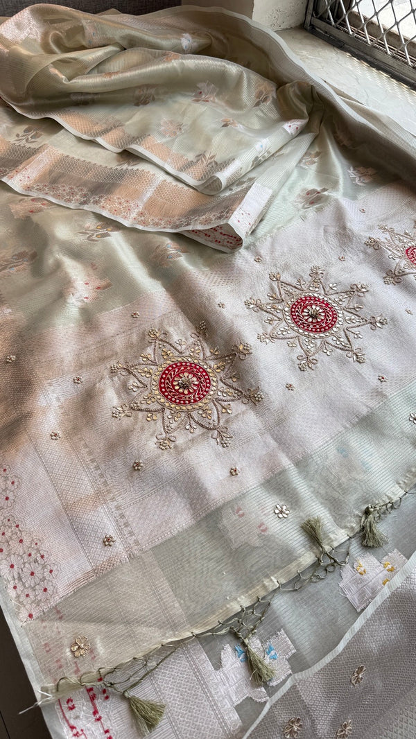 Pure Soft Tissue Silk Banarasi Weaving Saree with Heavy Zardozi & Gotapatti Work