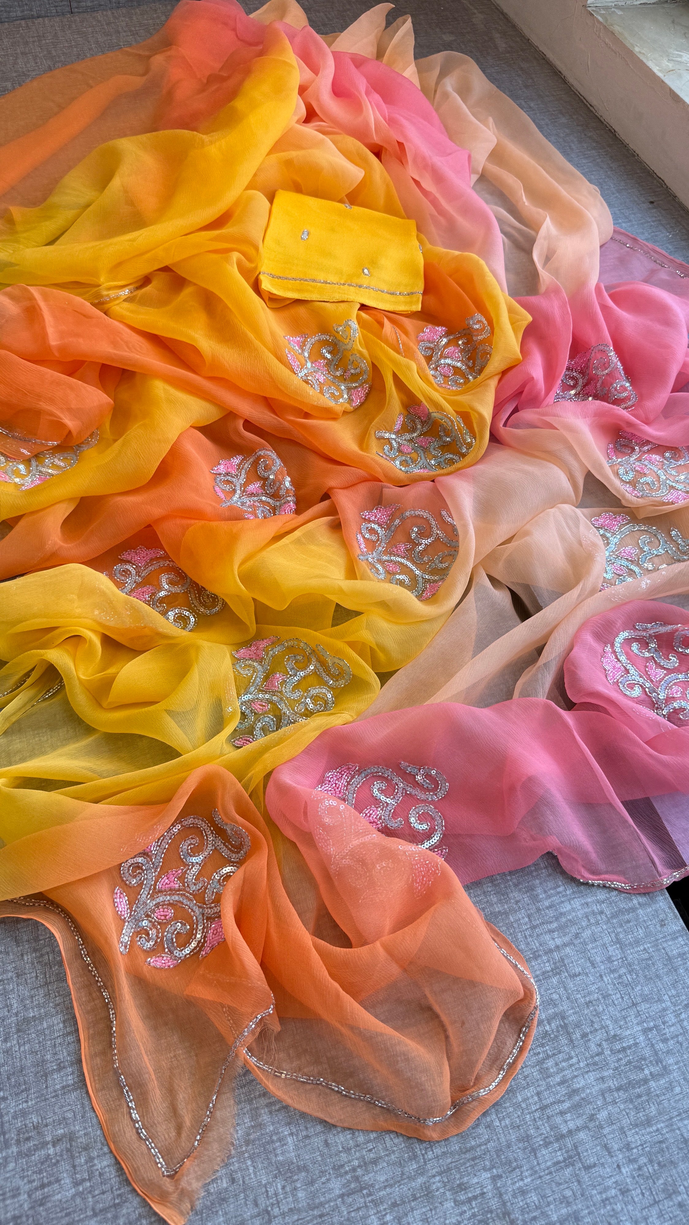 Pure Chiffon Embroidered Saree with Matching Blouse