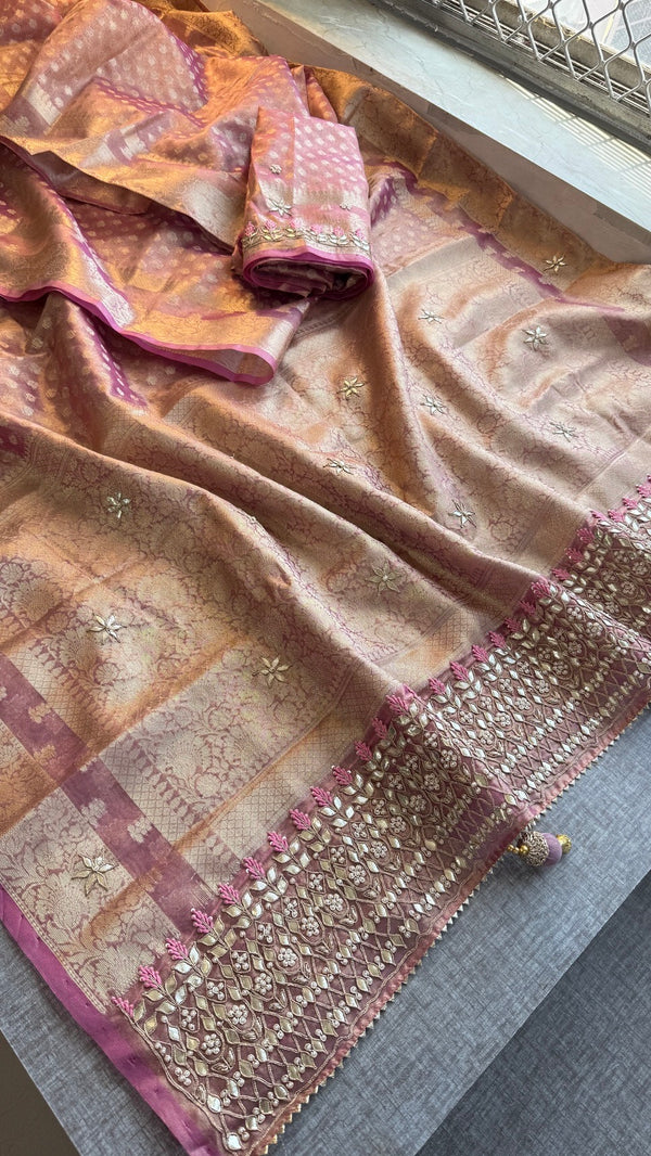 100% Soft Tissue Silk Banarasi Weaving Saree with Gotapatti, Zardozi, Pearl & Sequin Work