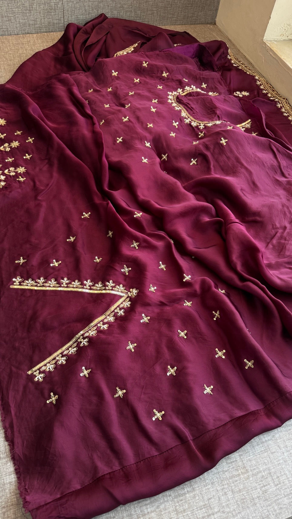 Bridal Pure Soft Organza Satin Saree with Zardozi, Sequins, Kutdana & Pearl Handwork