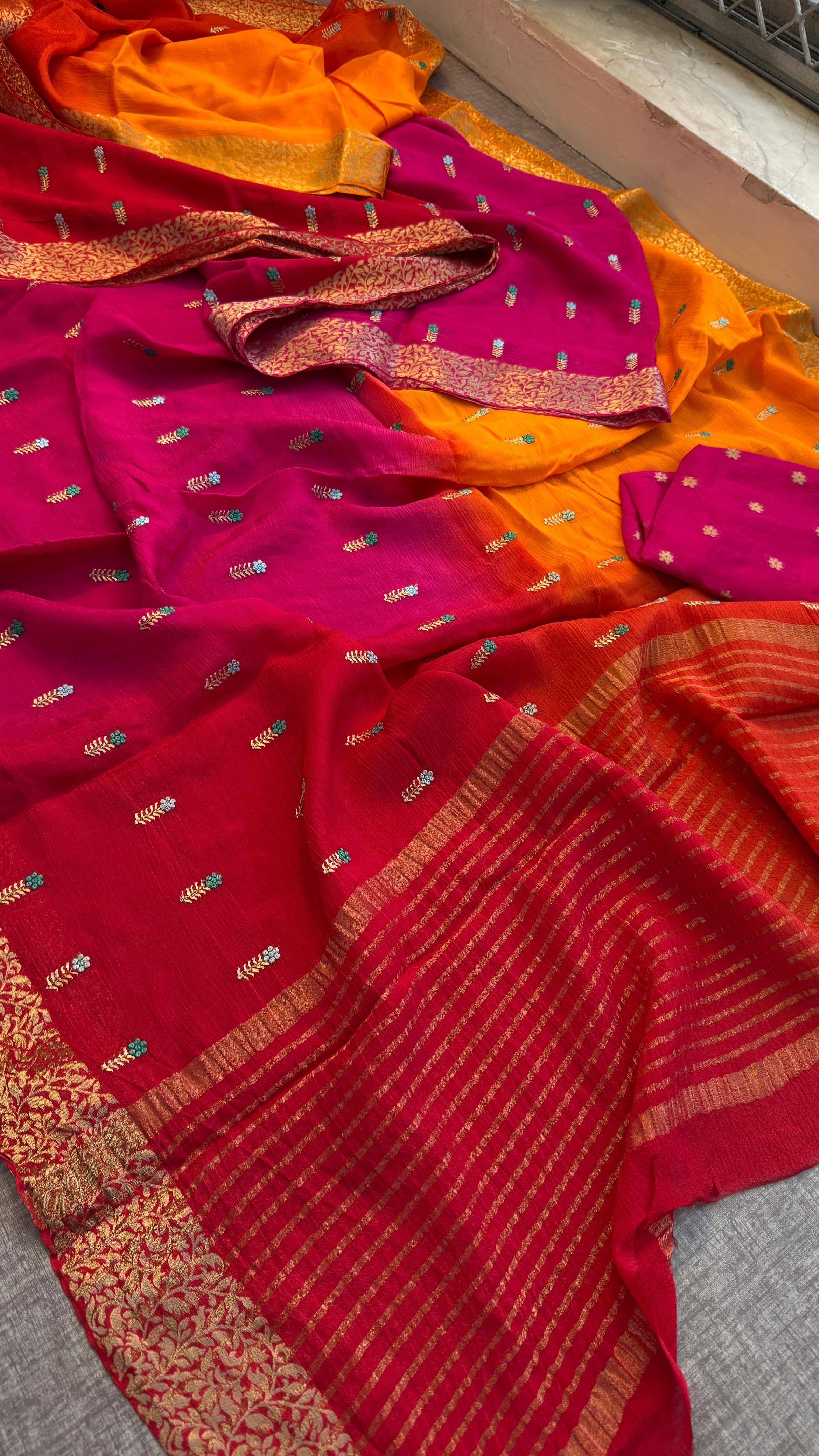 Pure chinon crepe Embroidered Saree