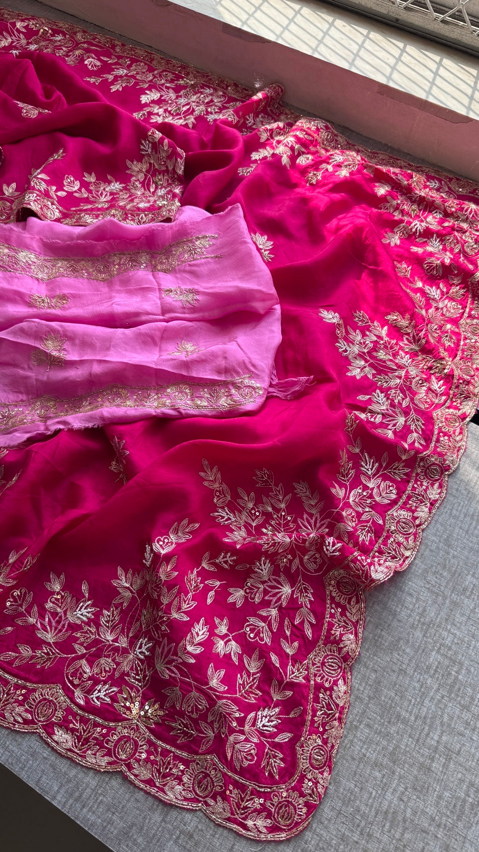 Designer Pure Munga Silk Saree with Floral Handwork & Embellished Border