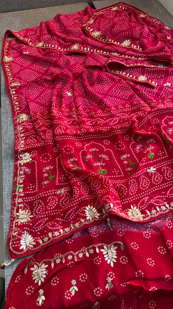 Exquisite Handcrafted Bandhani & Munga Silk Saree with Zardozi Work