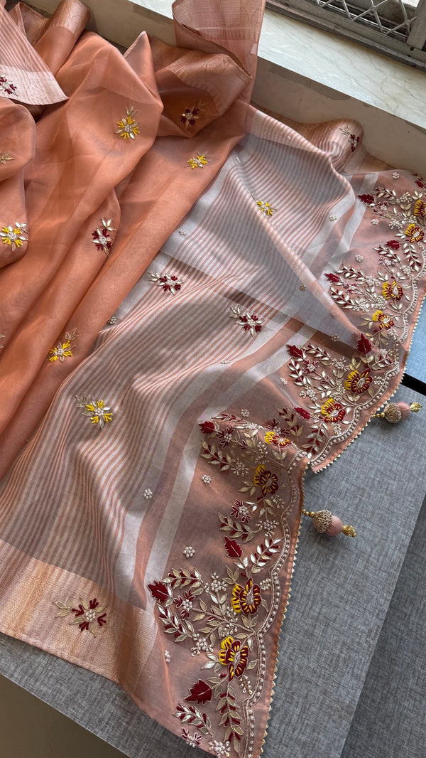 Tissue Silk Banarasi Saree with Gotapatti, Zardozi & Pearl Handwork – Heavy Designer Pallu