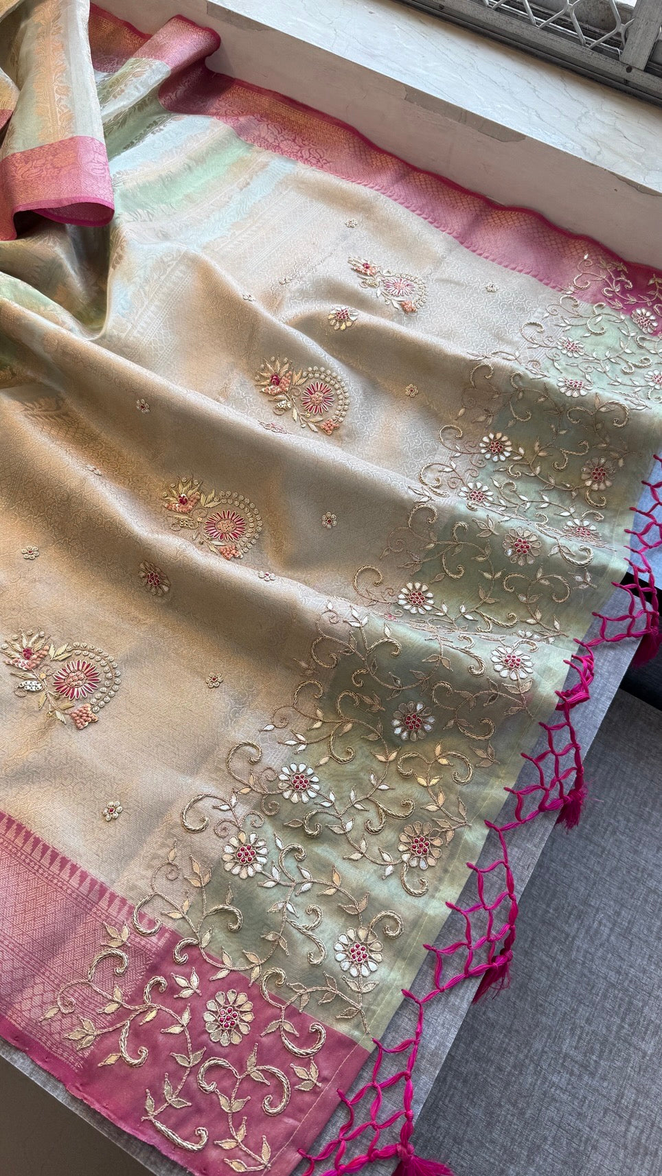 Pure Soft Tissue Silk Saree with Heavy Pallid Brocade & Banarasi Zari Border