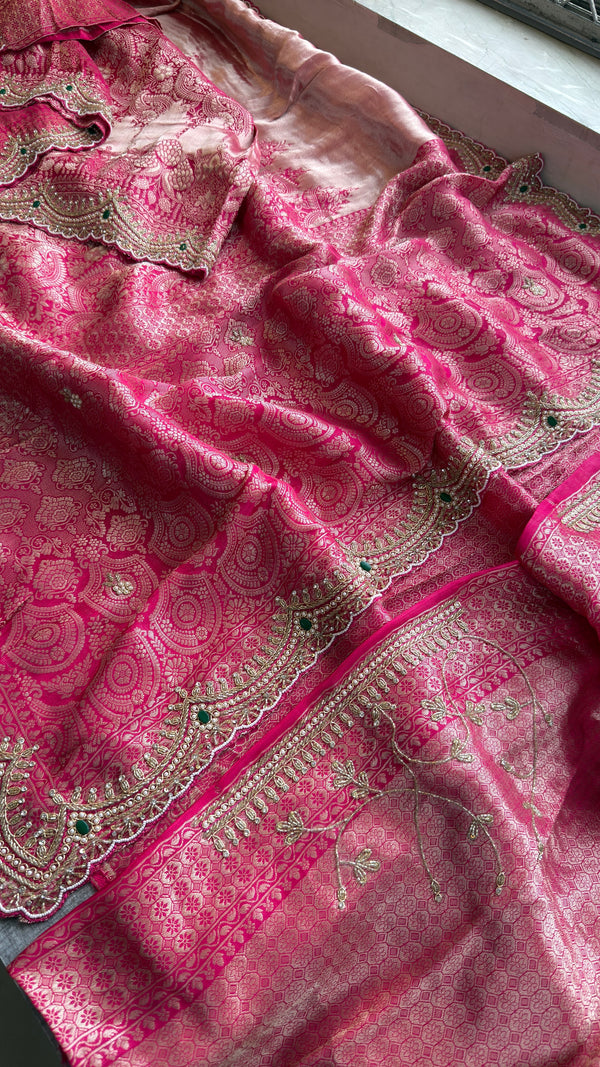 Royal Banarasi Pure Khaddi Georgette Hand-Embroidered Saree with Blouse