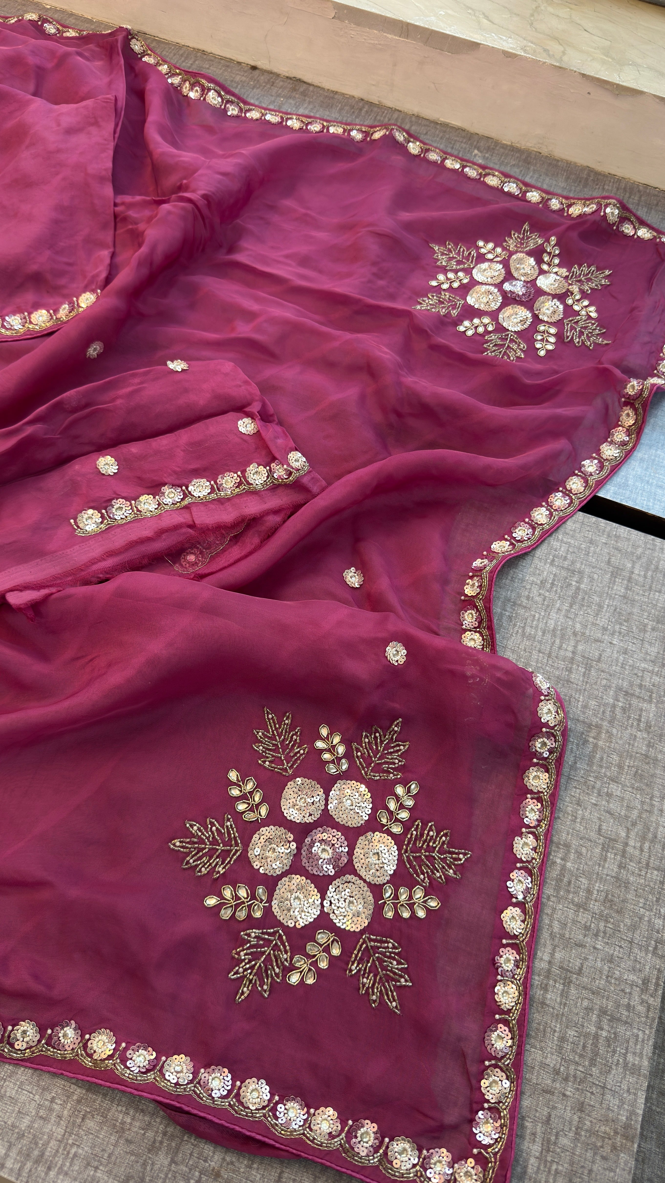 Wine Organza Leheriya Saree | Zardozi & Sequin Handwork | Designer Festive Saree