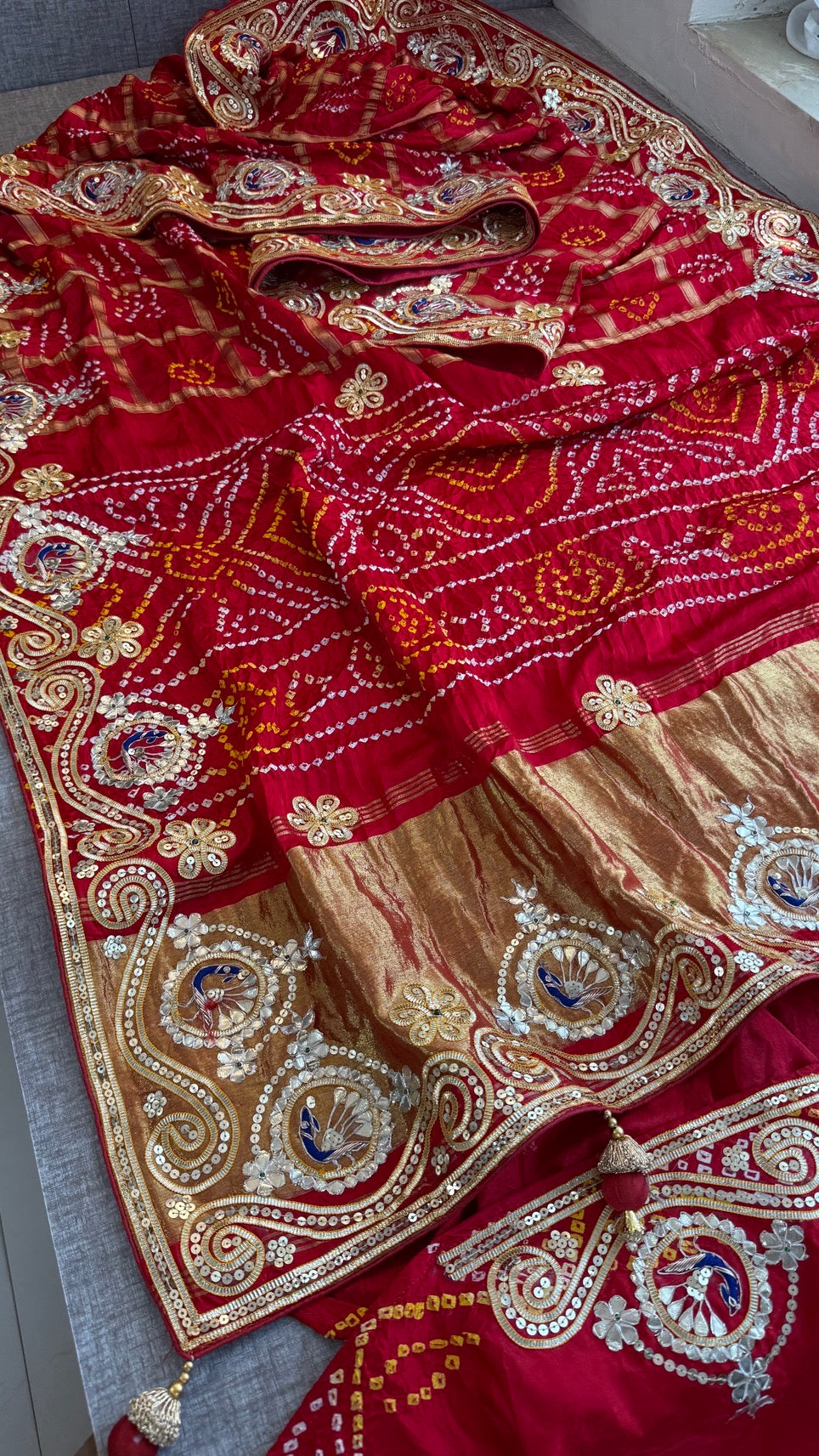 Pure Gajji Silk Lakdi Patta Bandhani Saree with Gota Patti, Zardozi & Peacock Handwork