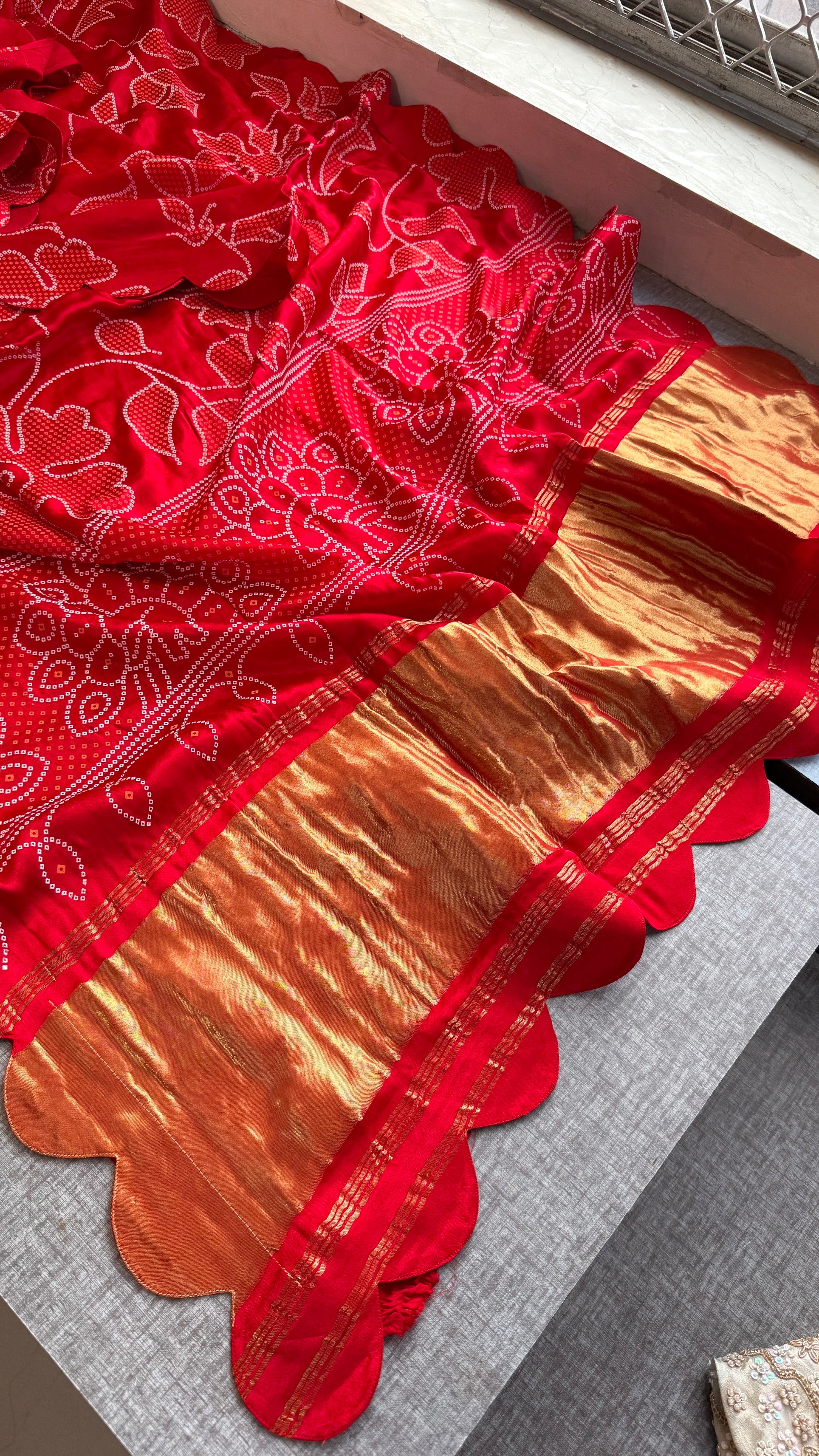 Pure Gajji Silk Bandhej Print Saree with Scallop Border – Orange Designer Bandhani Silk Saree