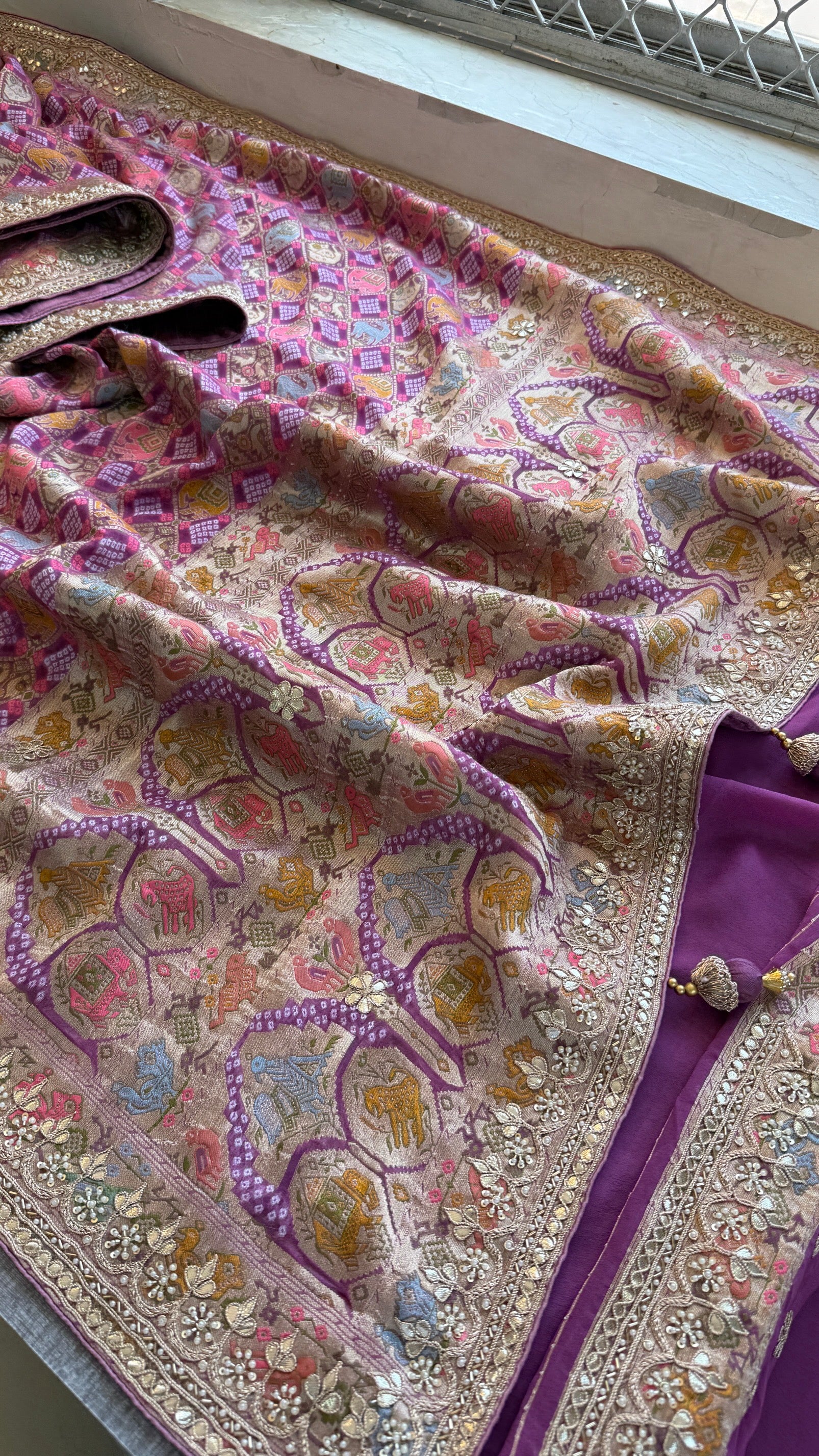 Khaddi georgette Banarasi weaving Saree with gotapatti work and tussles over pallu