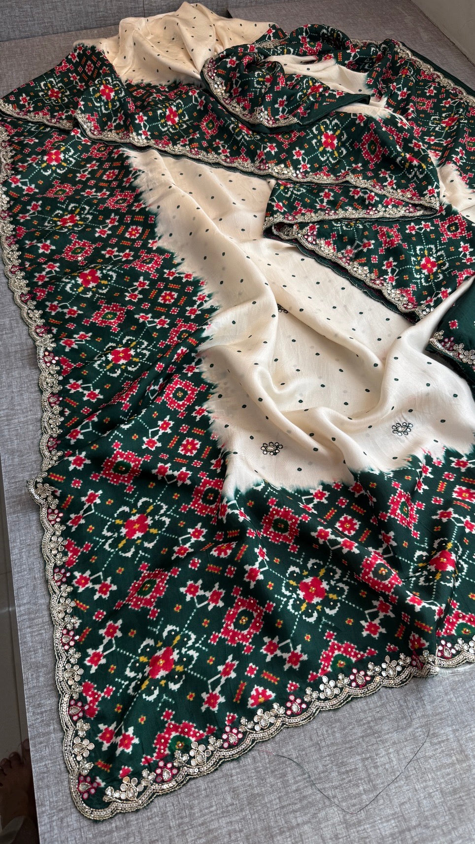 Soft Munga Silk Digital Print Saree with Zardozi, Kutdana, Pearl, Sequins & Stone Work with Designer Blouse