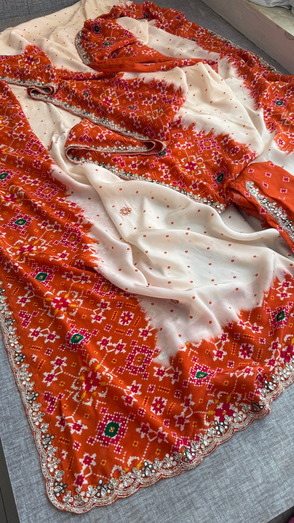 Soft Munga Silk Digital Print Saree with Zardozi, Kutdana, Pearl, Sequins & Stone Work with Designer Blouse