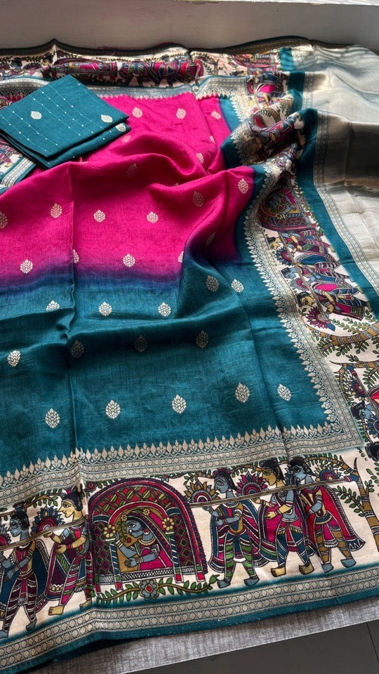 Soft Munga Silk Banarasi Kanni Weaving Saree with Madhubani Border