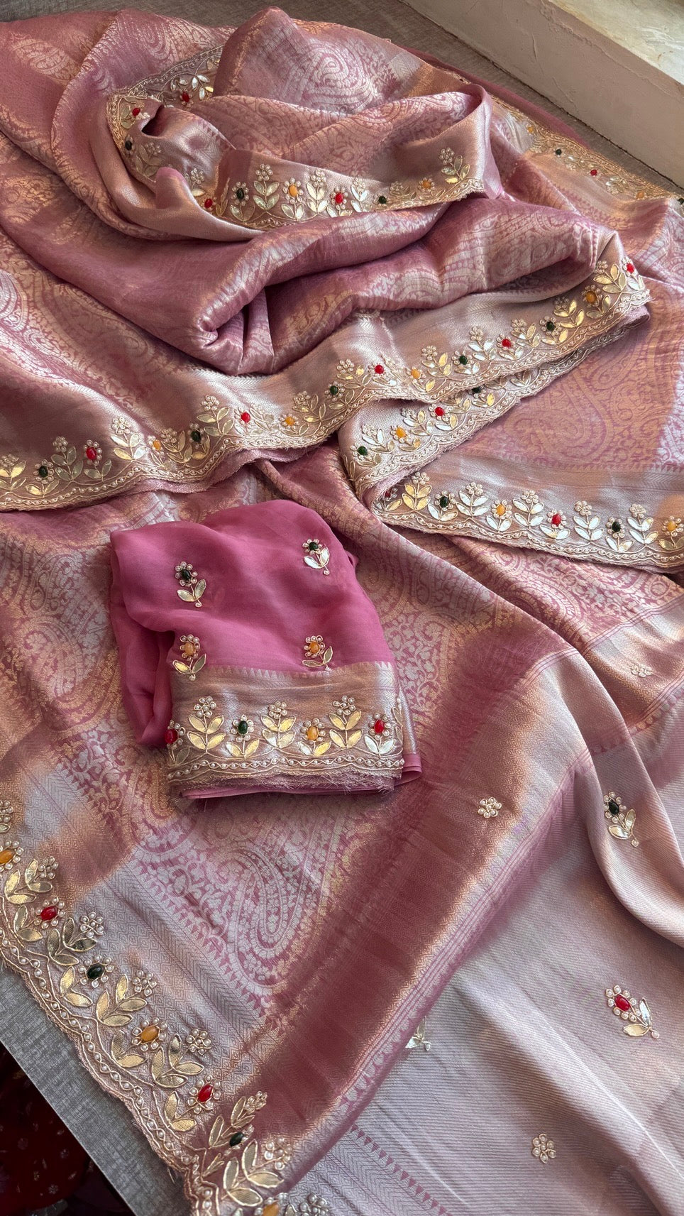 Royal Khaddi Georgette Banarasi Zari Weaving Saree with Gotapatti & Jewellery Stone Embellishment