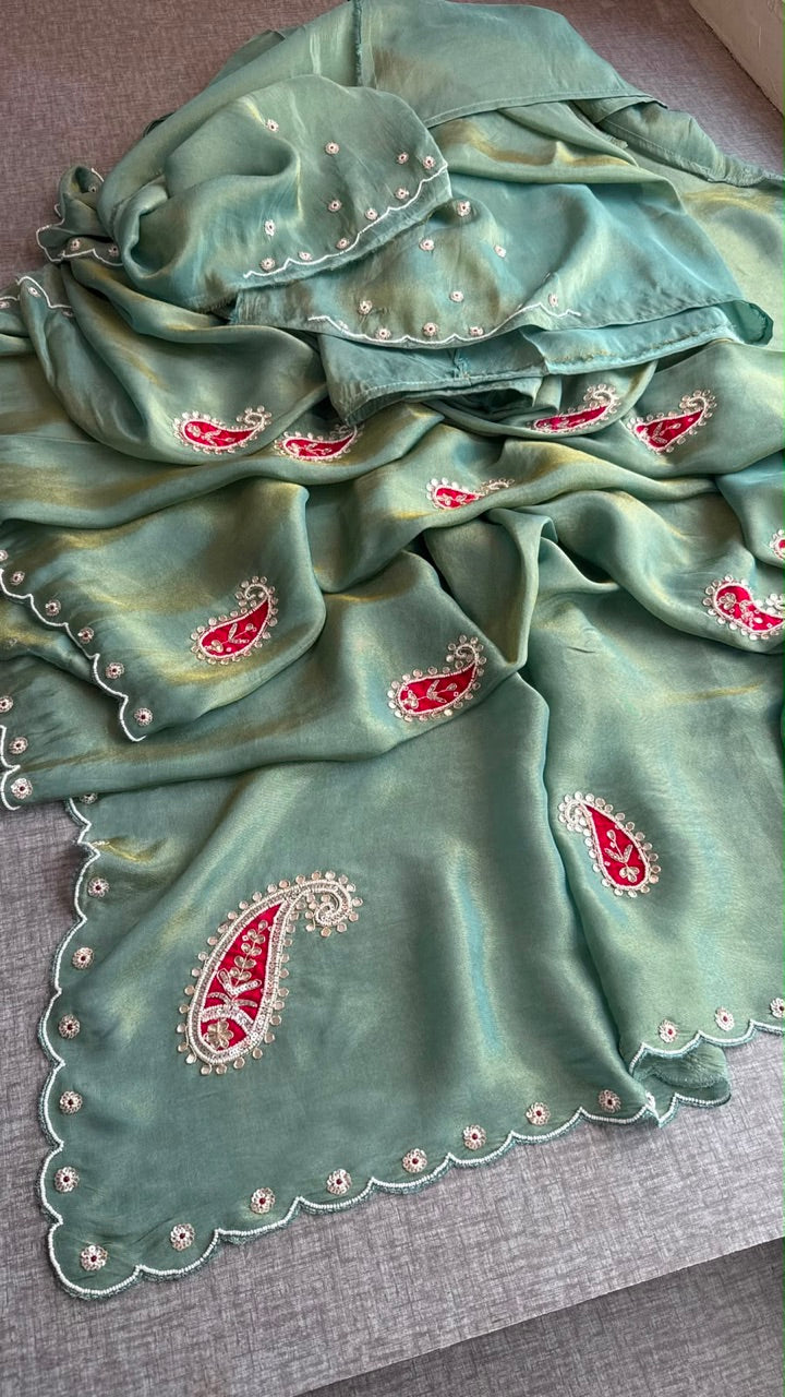 Sage Green Cosmo Silk Saree with Scalloped Border and Red Paisley Motifs