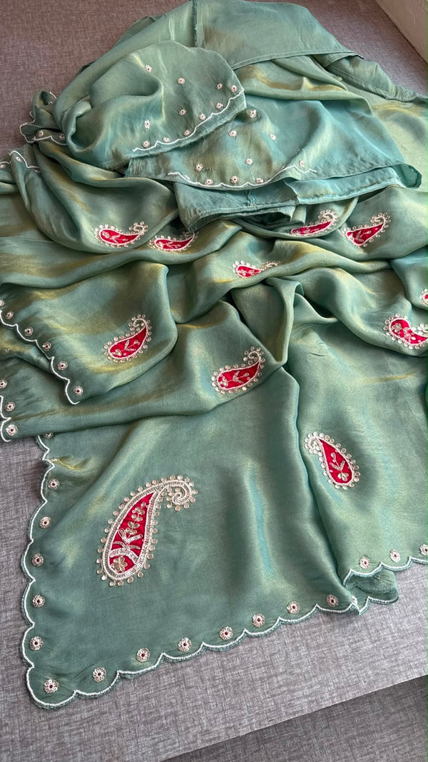 Sage Green Cosmo Silk Saree with Scalloped Border and Red Paisley Motifs
