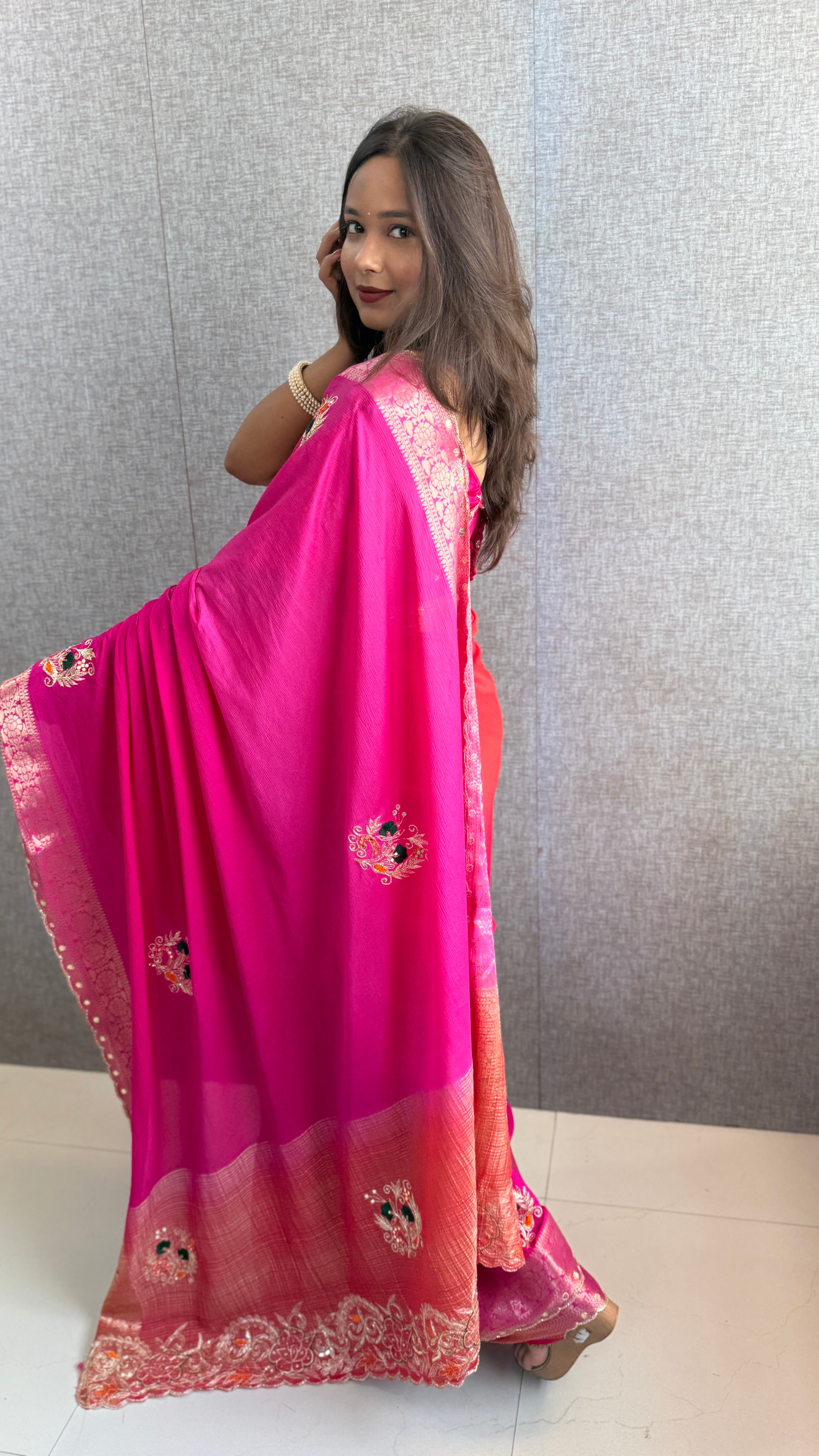 Pure Chinon Silk Saree with Thread Embroidery & Banarasi Zari Border