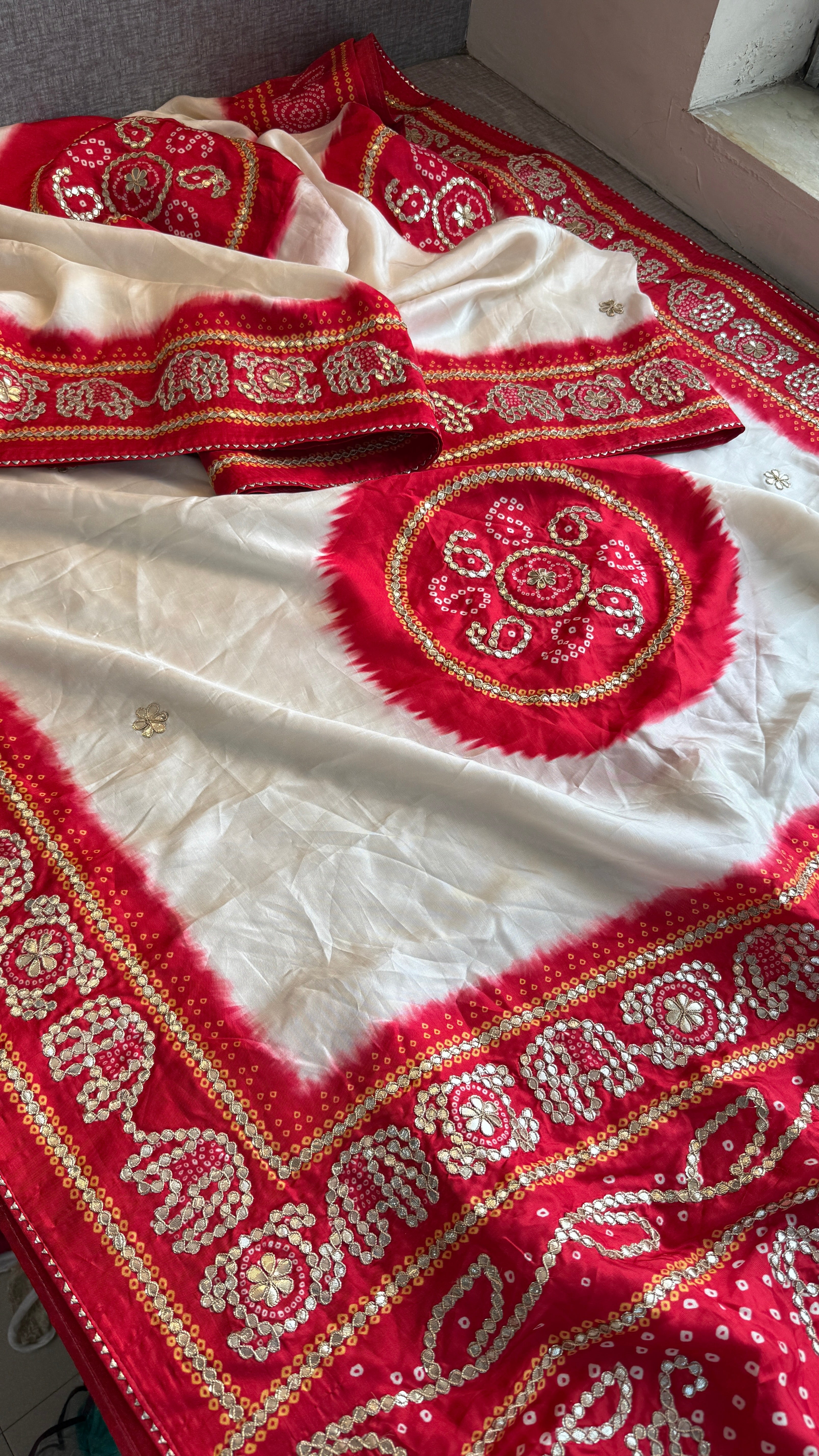 Munga Silk Bandhani Enhanced with Elephant pattern