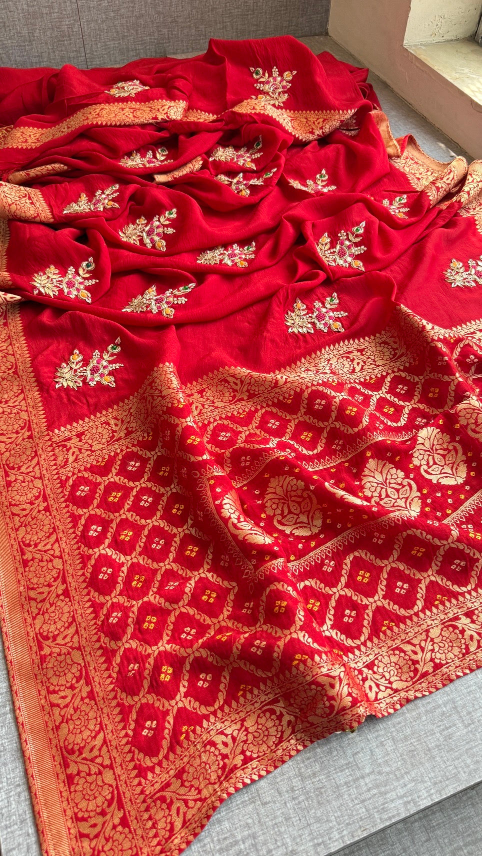 Beautiful Precious Stone Saree | Banarasi Zari Weaving Saree | Handcrafted Gota Patti & Zardozi Work | Bridal & Festive Designer Saree