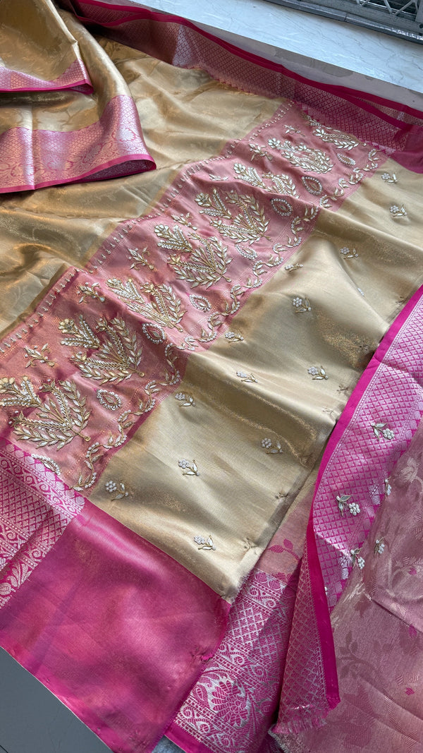 Gold and Pink Kanjivaram Banarasi Silk Zari Weaving Saree with Gota Patti and Zardozi Handwork, Designer Wedding & Festive Wear