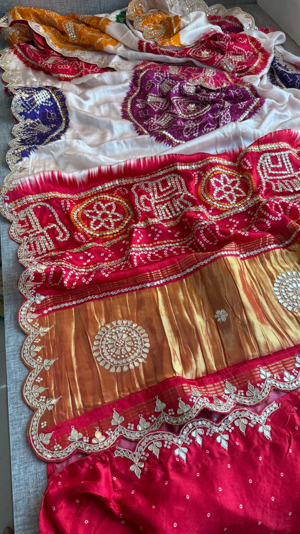 Elegant Gajji Silk Saree with Bandhani Prints & Handcrafted Embellishments