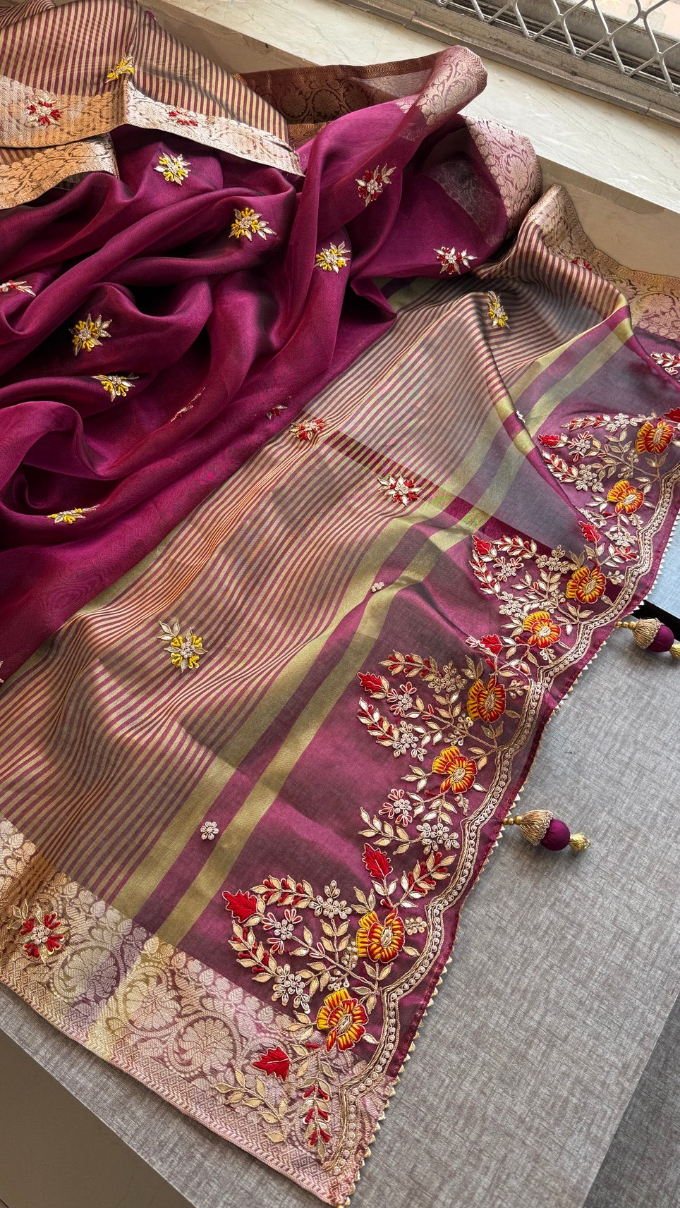 Luxury Tissue Silk Saree with Heavy Handwork Border & Designer Blouse