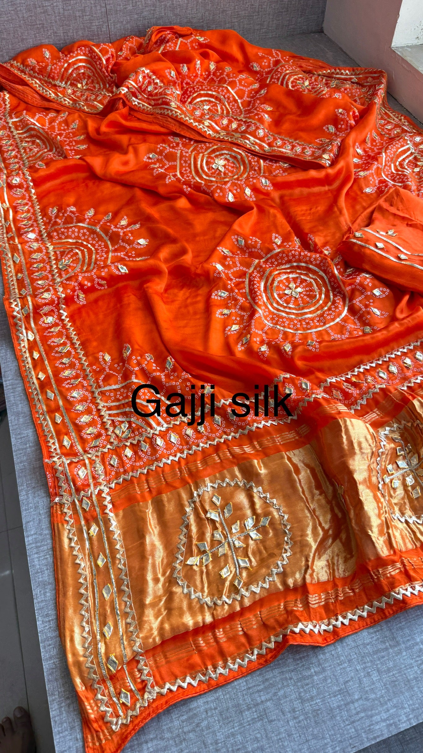 Pure Gajji Silk Saree With Lagdi Patta, Bandhani Print, Sikhiya Gota Patti Work