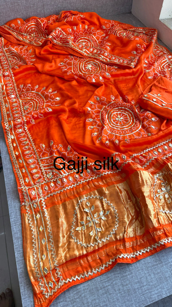 Pure Gajji Silk Saree With Lagdi Patta, Bandhani Print, Sikhiya Gota Patti Work