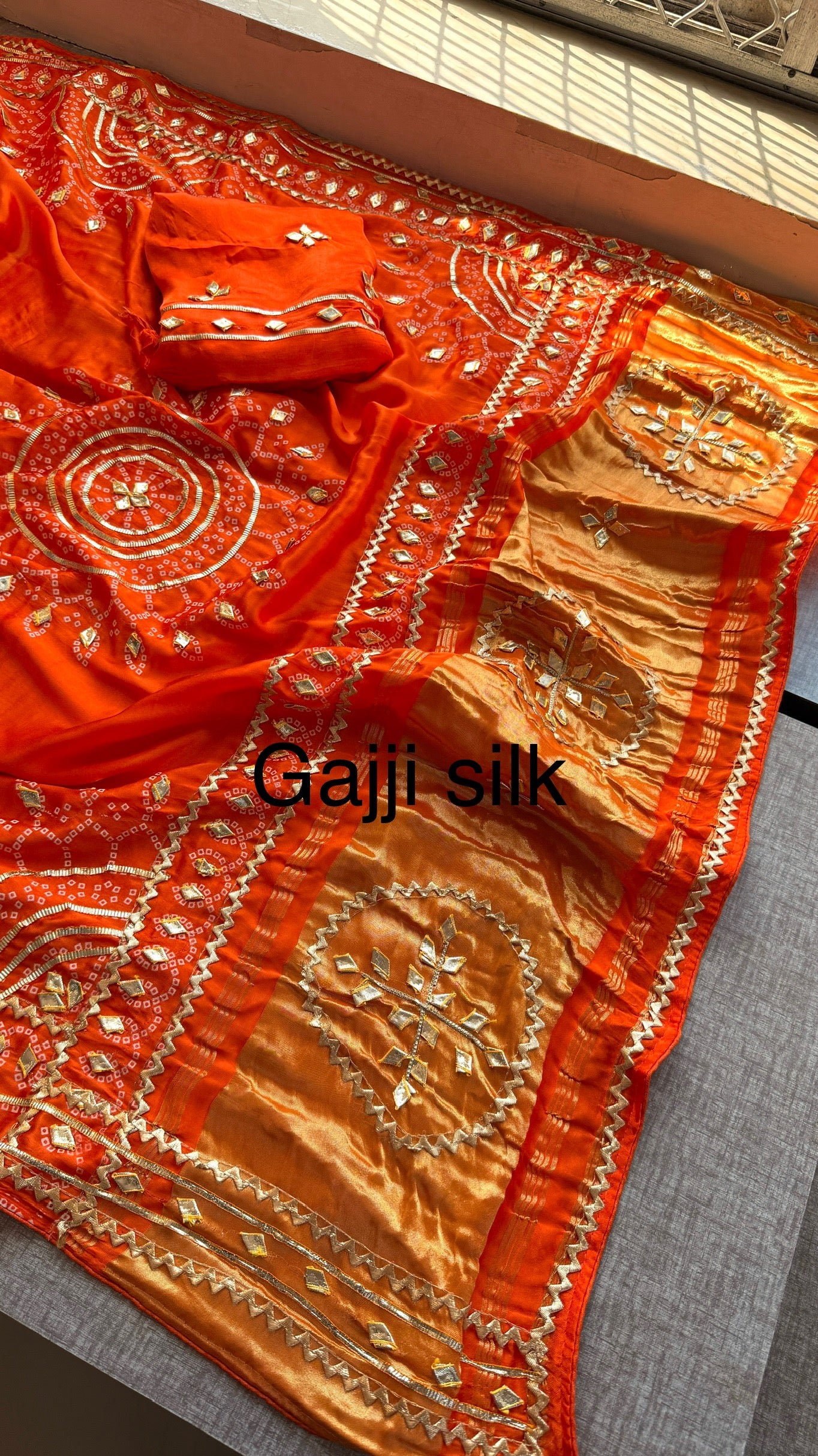 Pure Gajji Silk Saree With Lagdi Patta, Bandhani Print, Sikhiya Gota Patti Work
