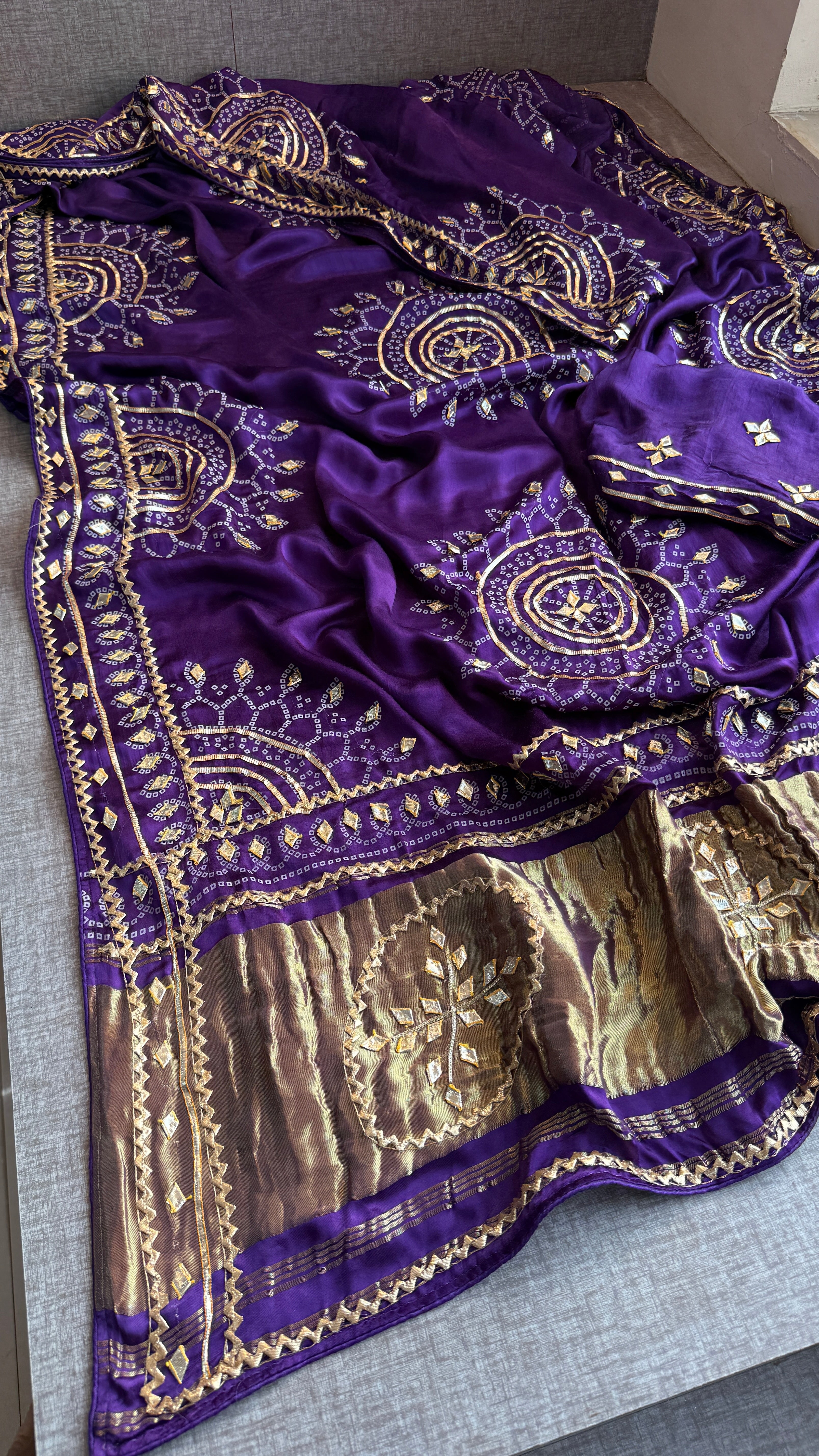 Pure Gajji Silk Saree With Lagdi Patta, Bandhani Print, Sikhiya Gota Patti Work